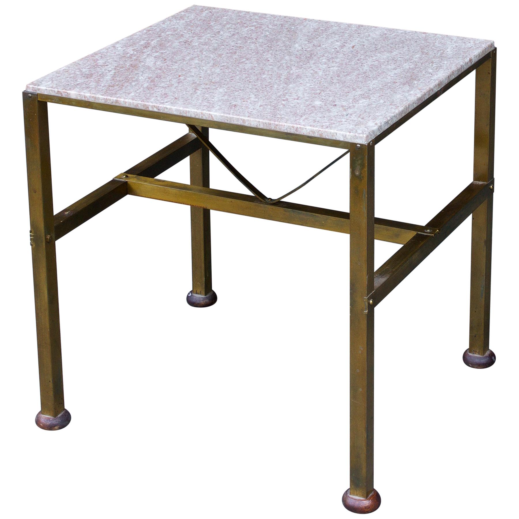 Table en pierre et support à plantes Studio Craft en laiton mi-siècle moderne de style cabine, années 1950
