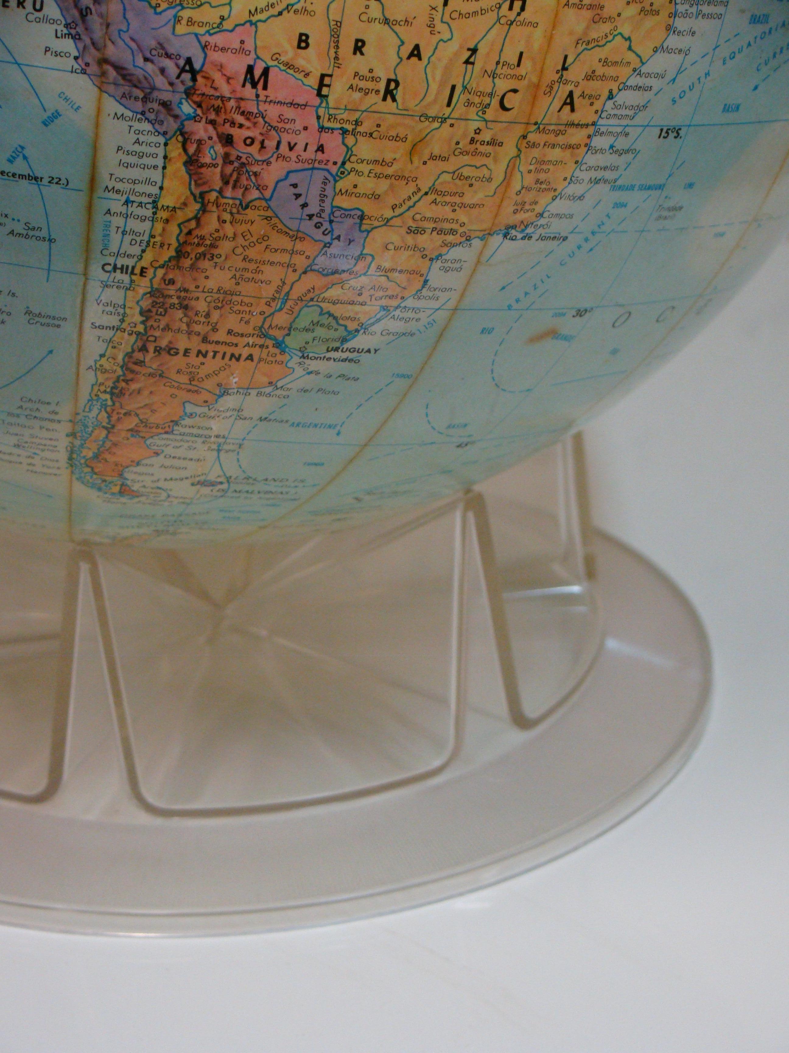 Mid-Century Modern 1950's Study Globe with Topographical Relief on Clear Plastic Pedestal 