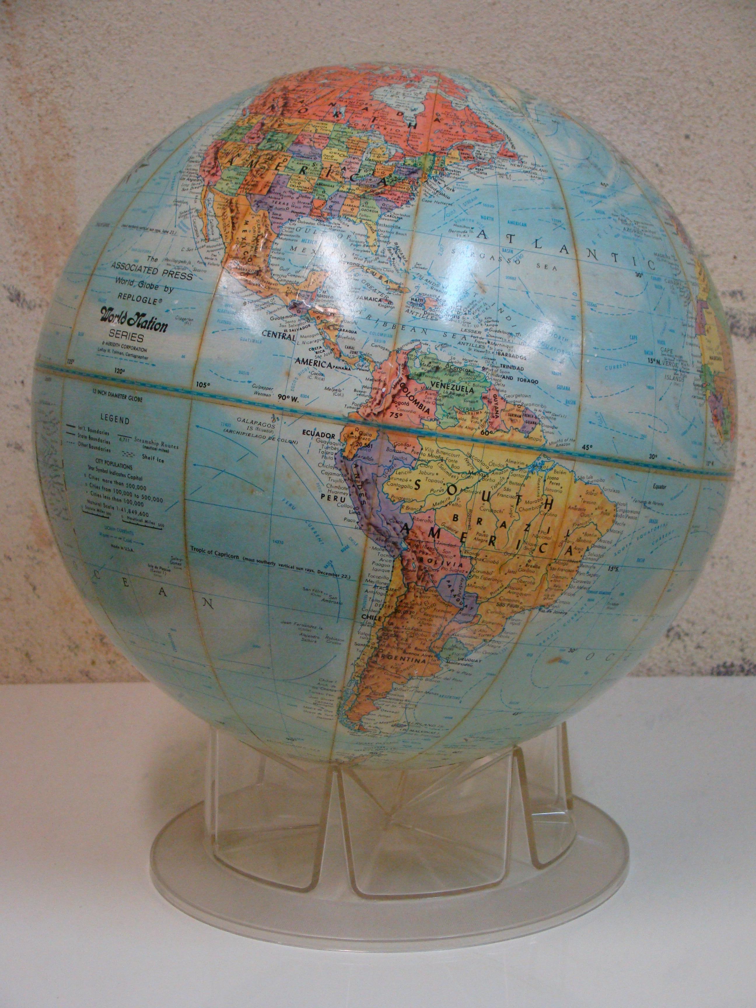 1950's Study Globe with Topographical Relief on Clear Plastic Pedestal  In Good Condition In Denver, CO