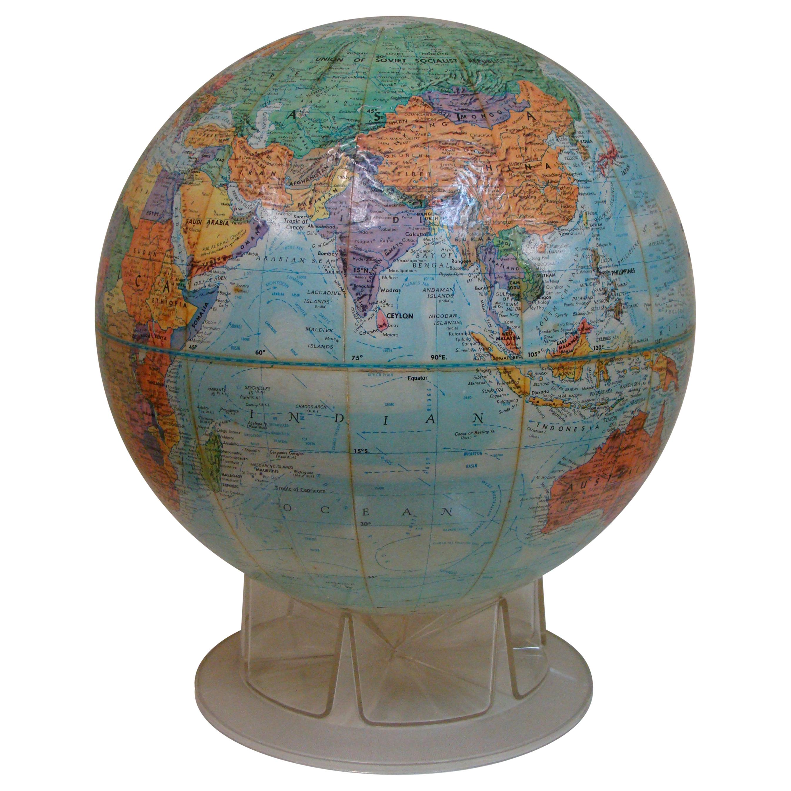 1950's Study Globe with Topographical Relief on Clear Plastic Pedestal 