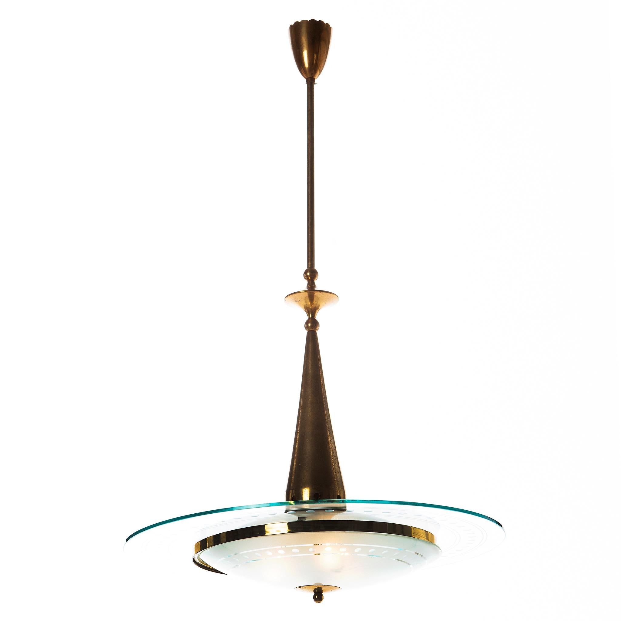 Mid-Century Modern 1950's Stunning Brass & Glass Pendant in Style of Pietro Chiesa For Sale