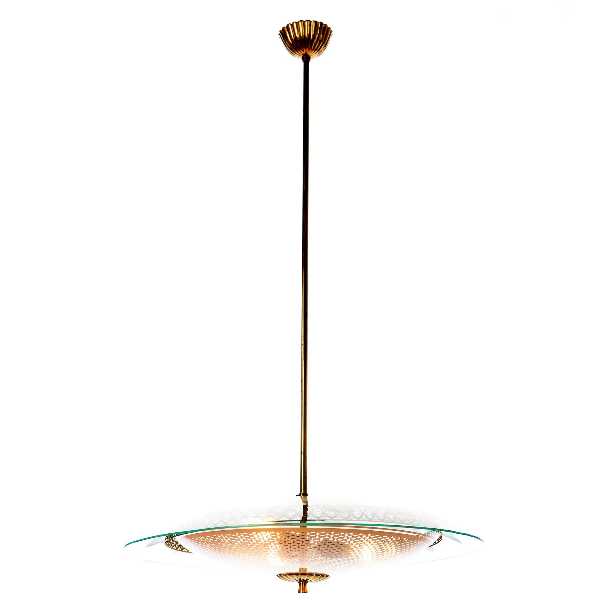 Mid-Century Modern 1950's Stunning Brass & Pink Colored Glass Pendant in Style of Pietro Chiesa