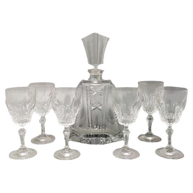 1950s Stunning Crystal Decanter with 6 Crystal Glasses, Made in Italy For Sale