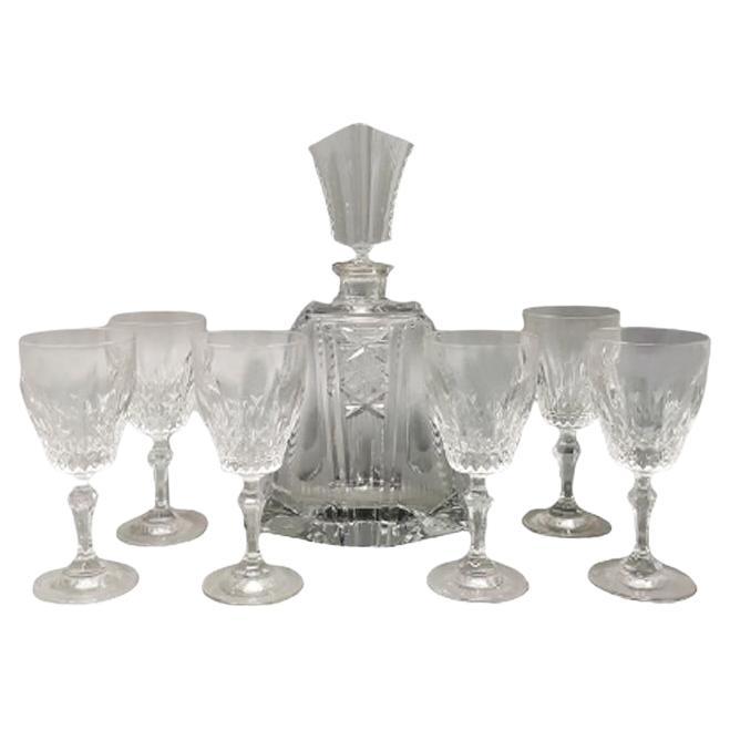 Impresionante decantador de cristal de los años 50 con 6 copas de cristal, Made in Italy