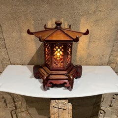 1950s Handcrafted Intricate Wood Pagoda Table Lamp