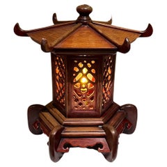 1950s Stunning Vintage Pagoda Table Lamp Intricate Handcrafted Wood