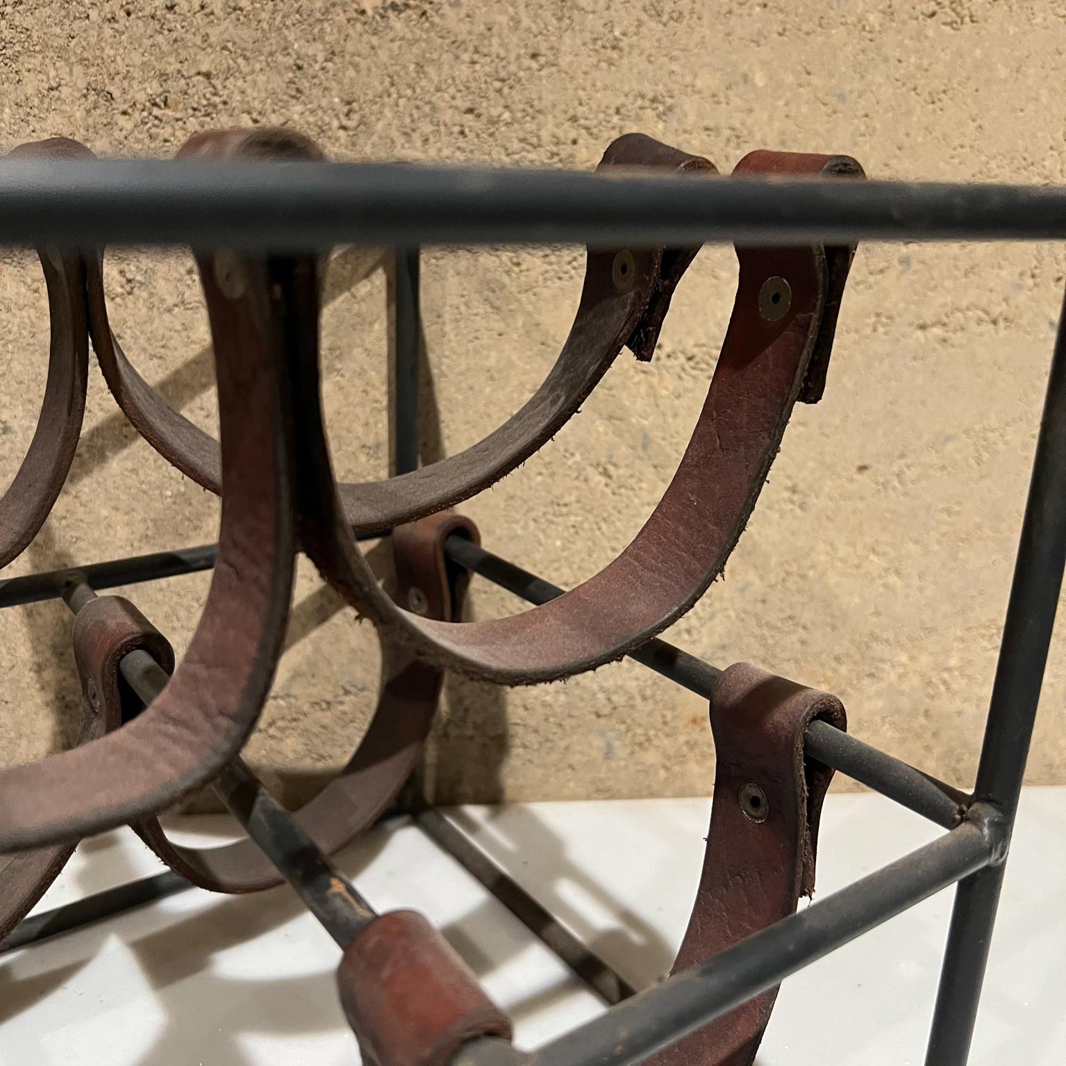 Mid-20th Century 1950s Style of Arthur Umanoff Rustic Modern Wine Rack Wrought Iron and Leather 