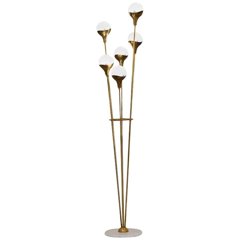 1950s Style Italian Glass Ball and Brass Floor Lamp For Sale at 1stDibs