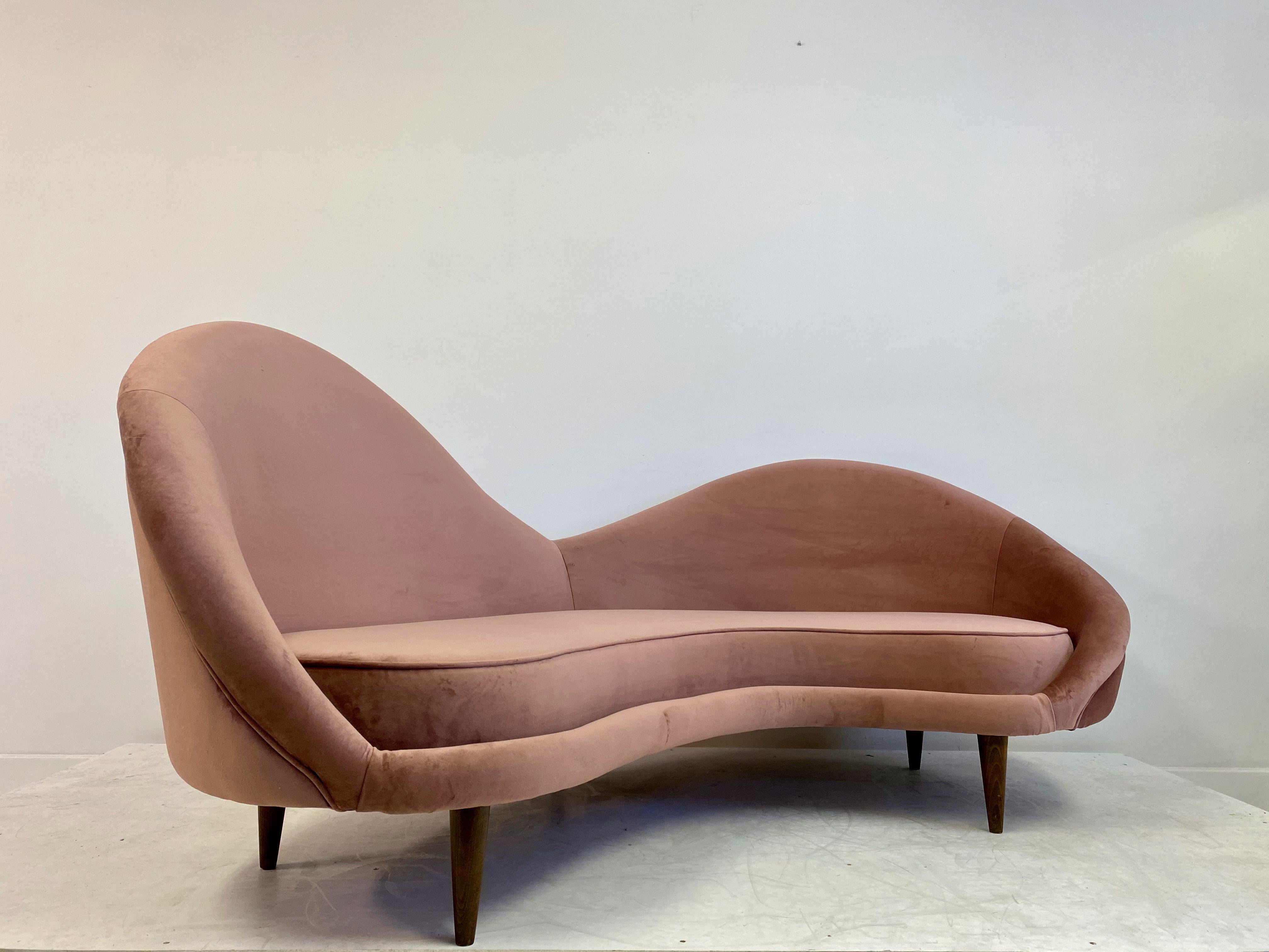 Contemporary 1950s Style Italian Sofa in Soft Pink Velvet