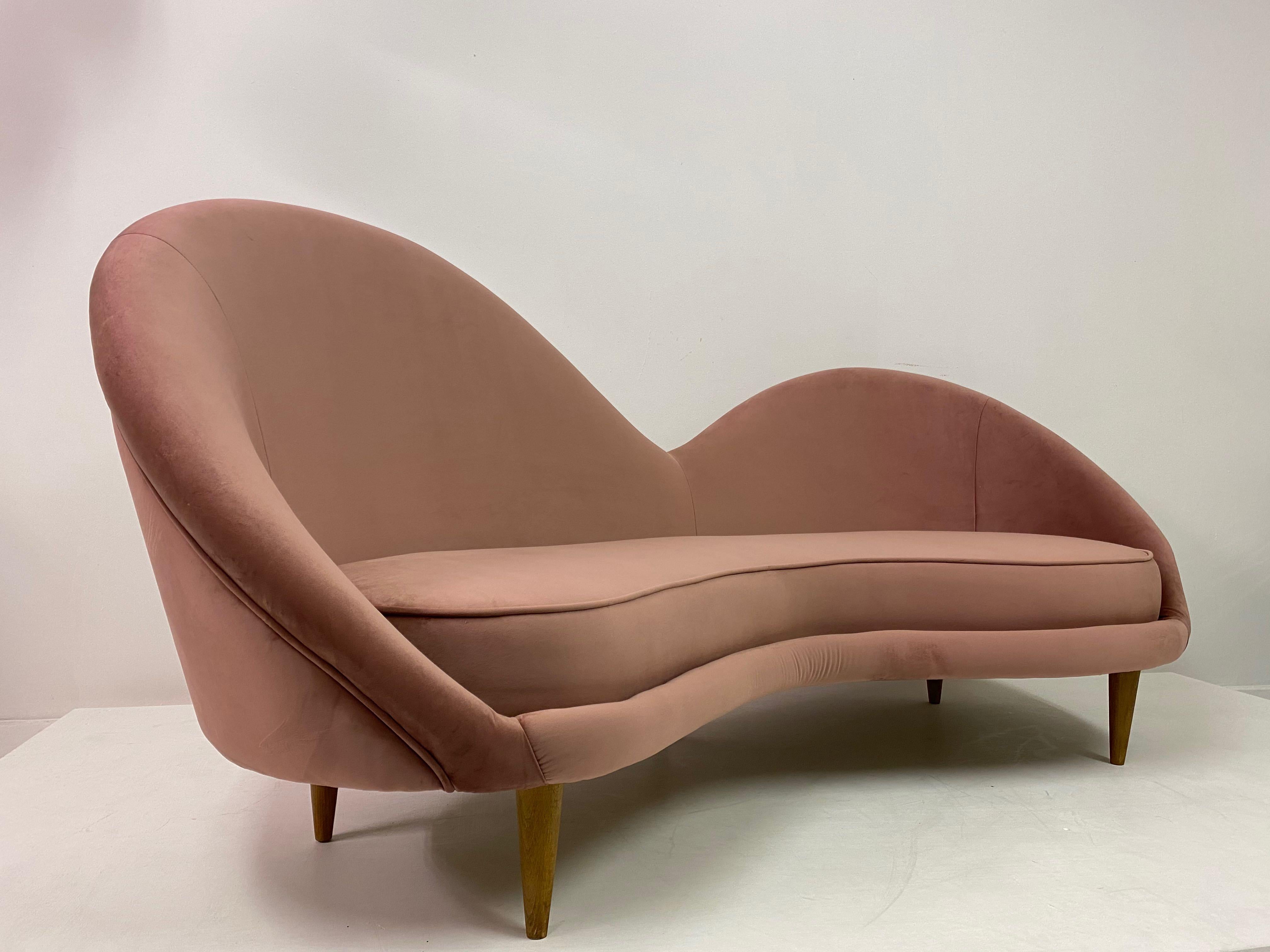 Contemporary 1950s Style Italian Sofa in Soft Pink Velvet For Sale