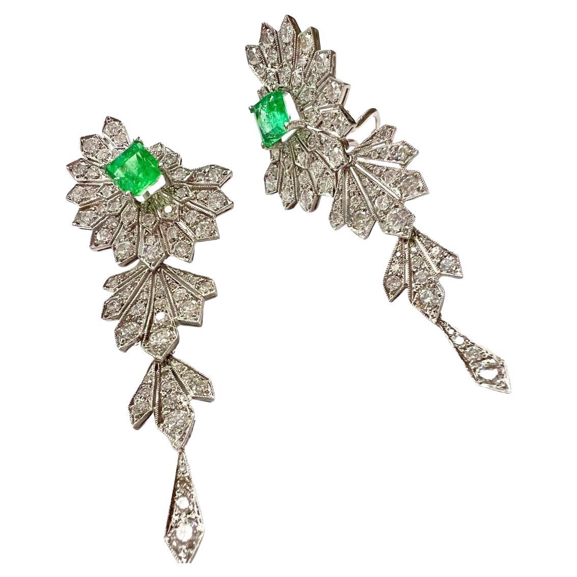 1950S Style with Diamonds and Emerald Platinum Earrings For Sale