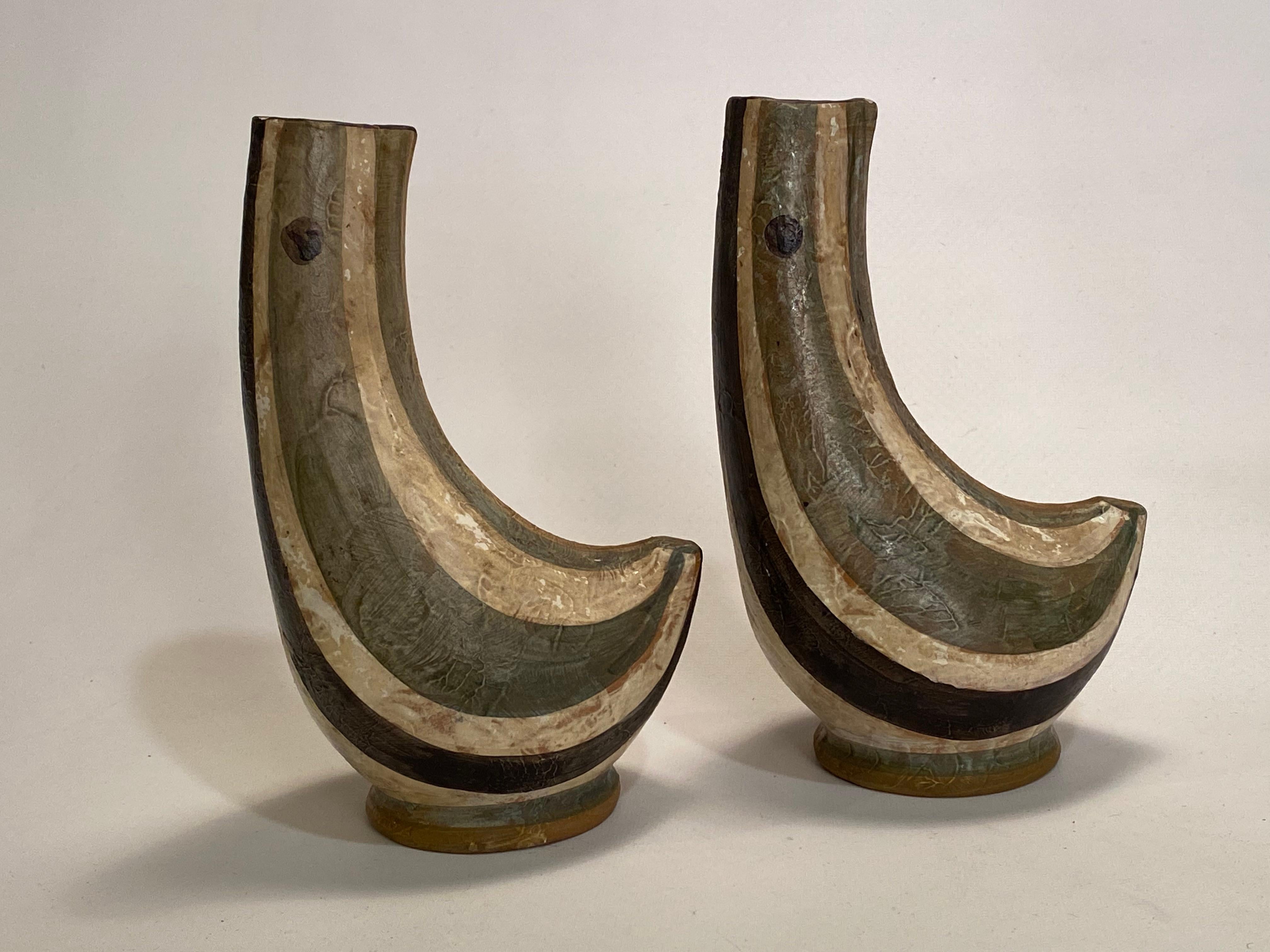 Mid-Century Modern 1950s Stylized Italian Pottery Bird Vases, a Pair