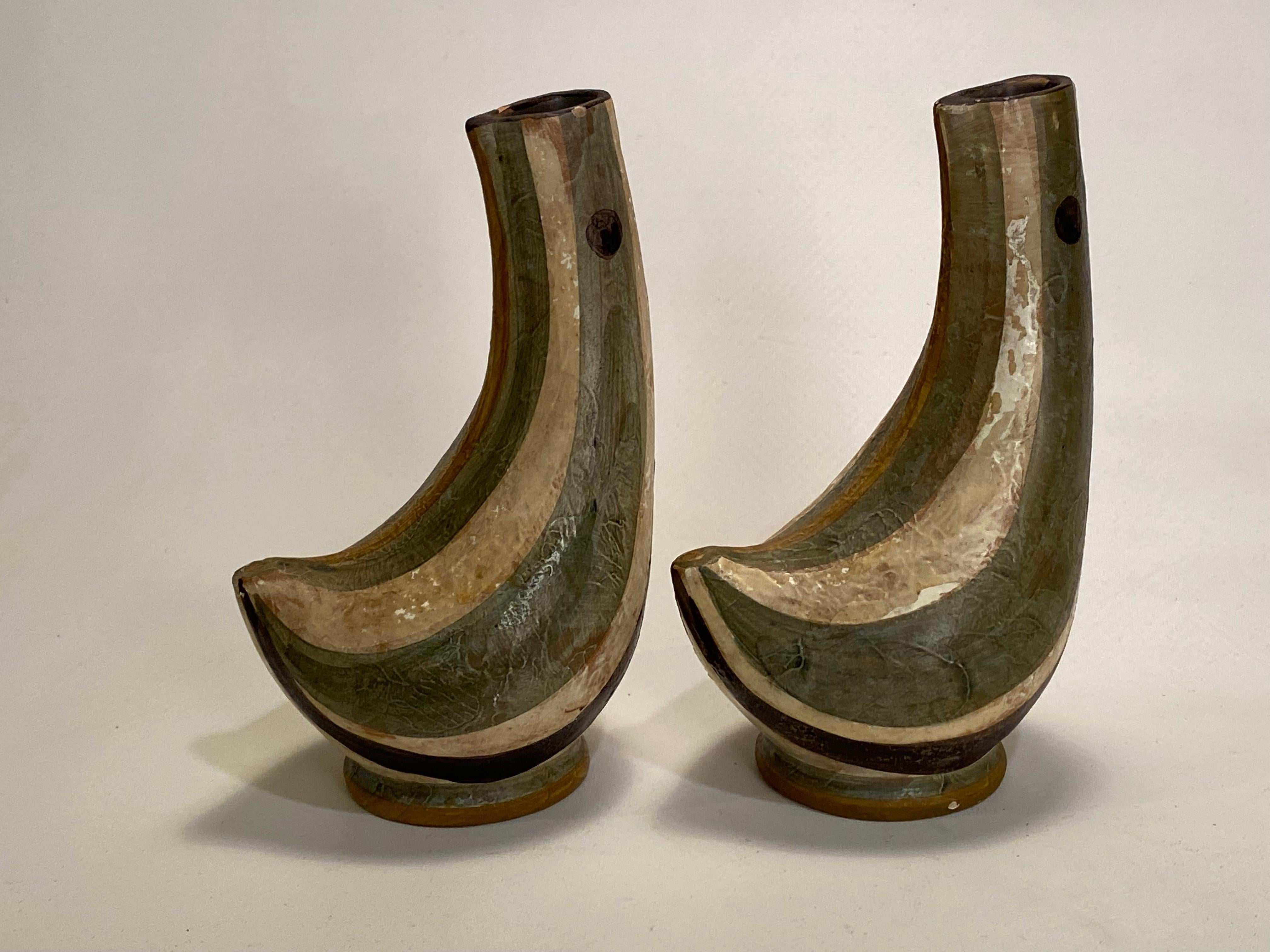 1950s Stylized Italian Pottery Bird Vases, a Pair In Good Condition In Garnerville, NY