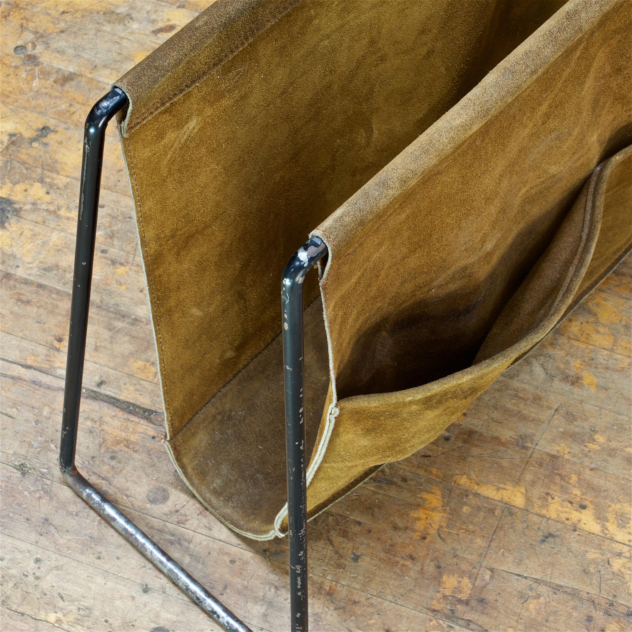 Mid-20th Century 1950s Suede Leather Bachelor Pocketed Magazine Rack Scandinavian Cabinmodern