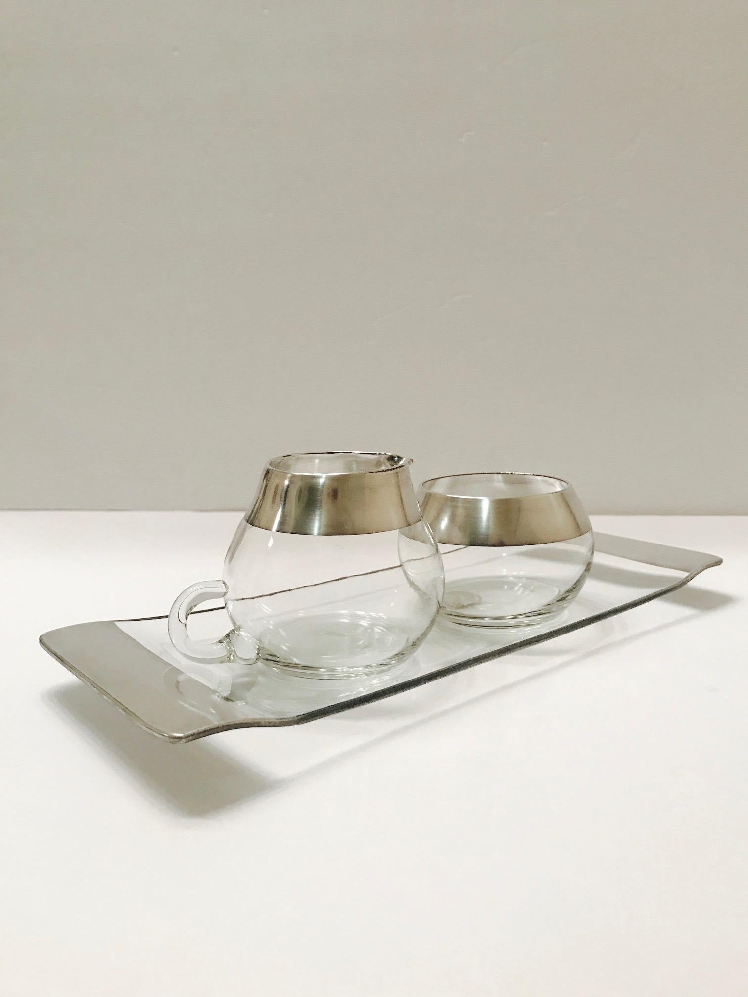 Mid-Century Modern 1950s Sugar and Creamer Set with Sterling Silver Overlay by Dorothy Thorpe 