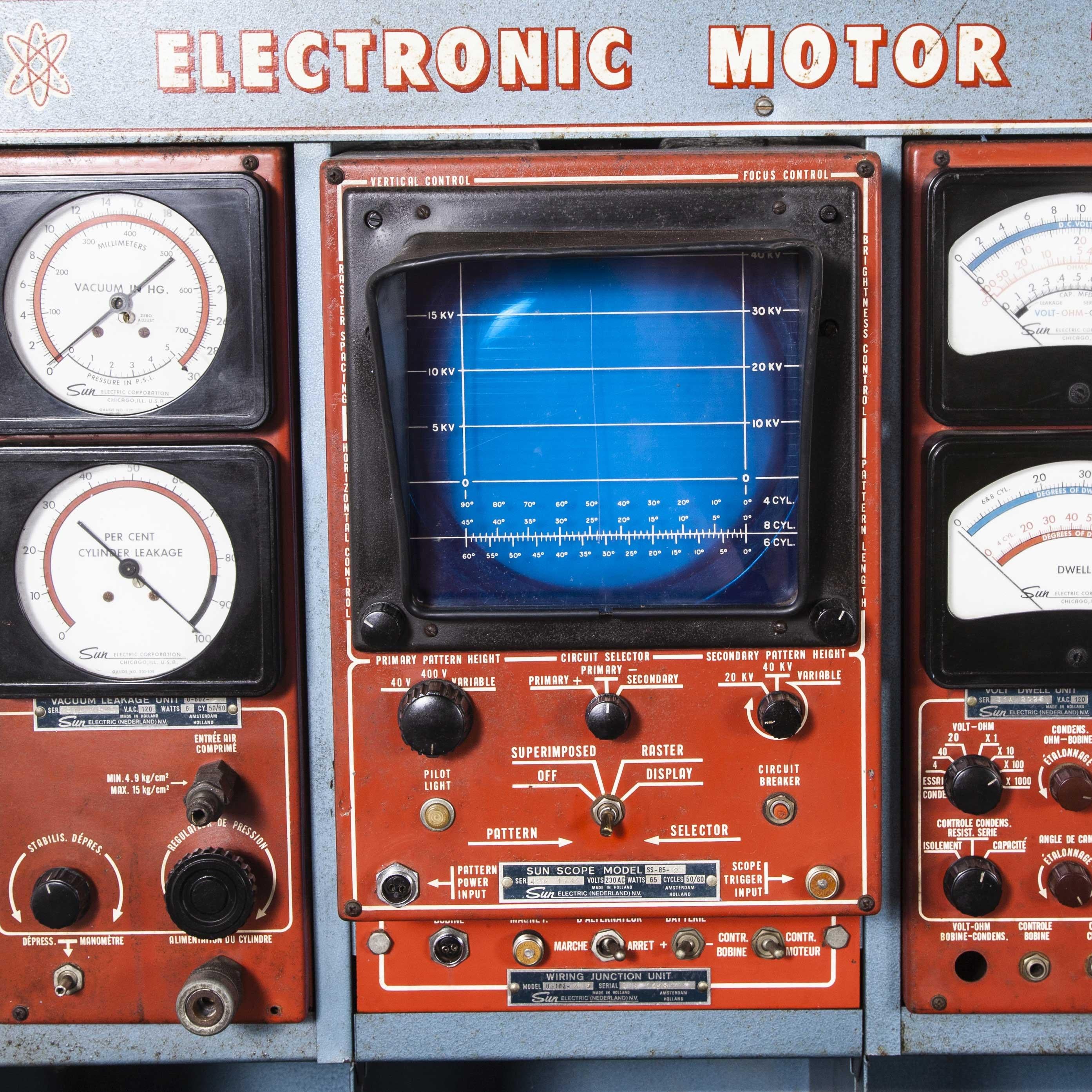 1950s sun engine diagnostic testing machine – Mechanic’s cabinet. We saw this in a barn in France and couldn’t resist it as the graphics and colors just take us back to that heyday of the combustion engine. We are selling the machine as a decorative