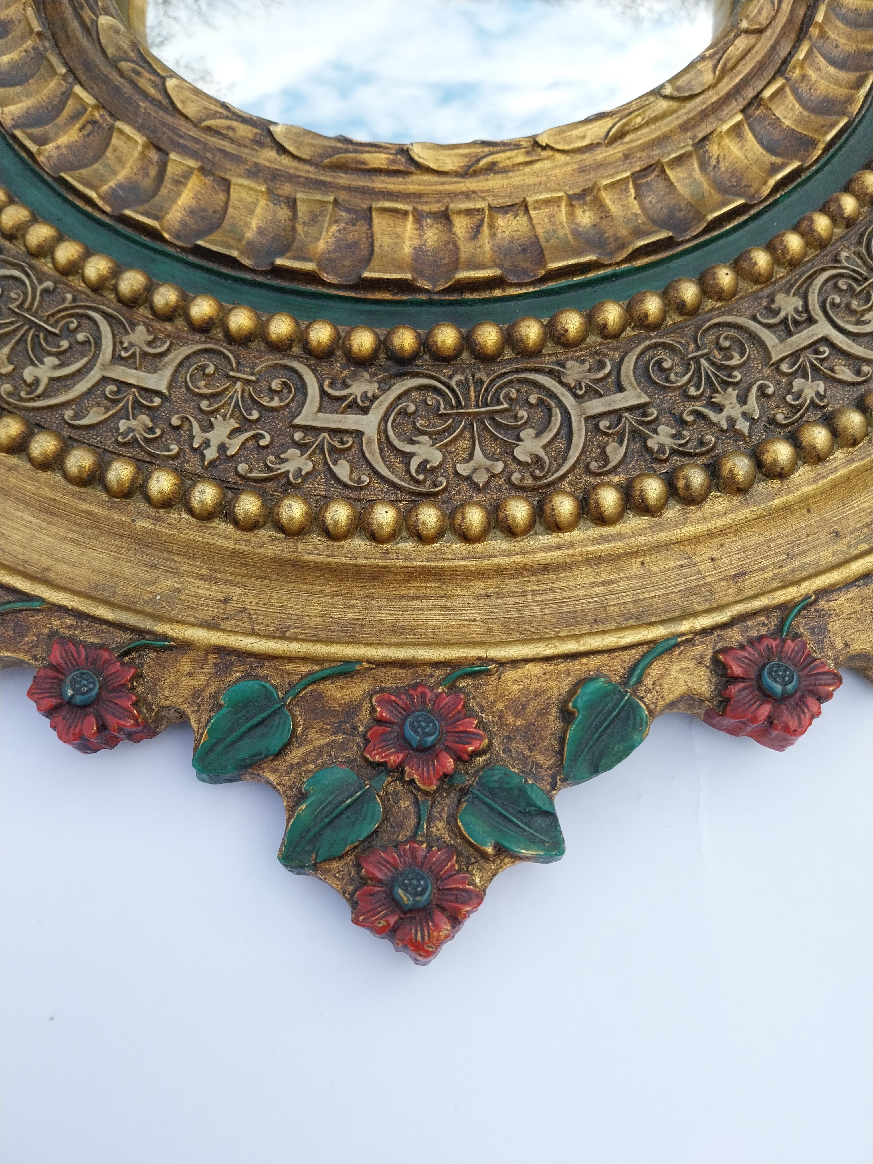 Belgian 1950's sunburst painted convex resin mirror For Sale