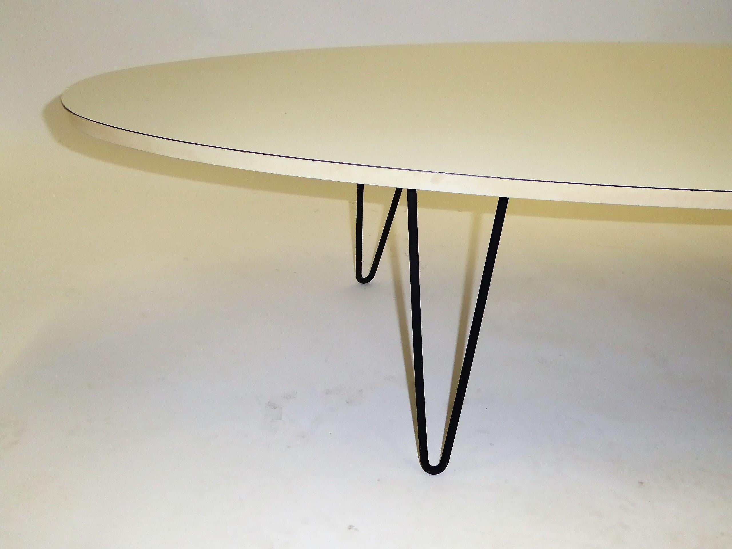 1950s Surfboard Coffee Table on Hairpin Legs Eames Style In Good Condition In Miami, FL