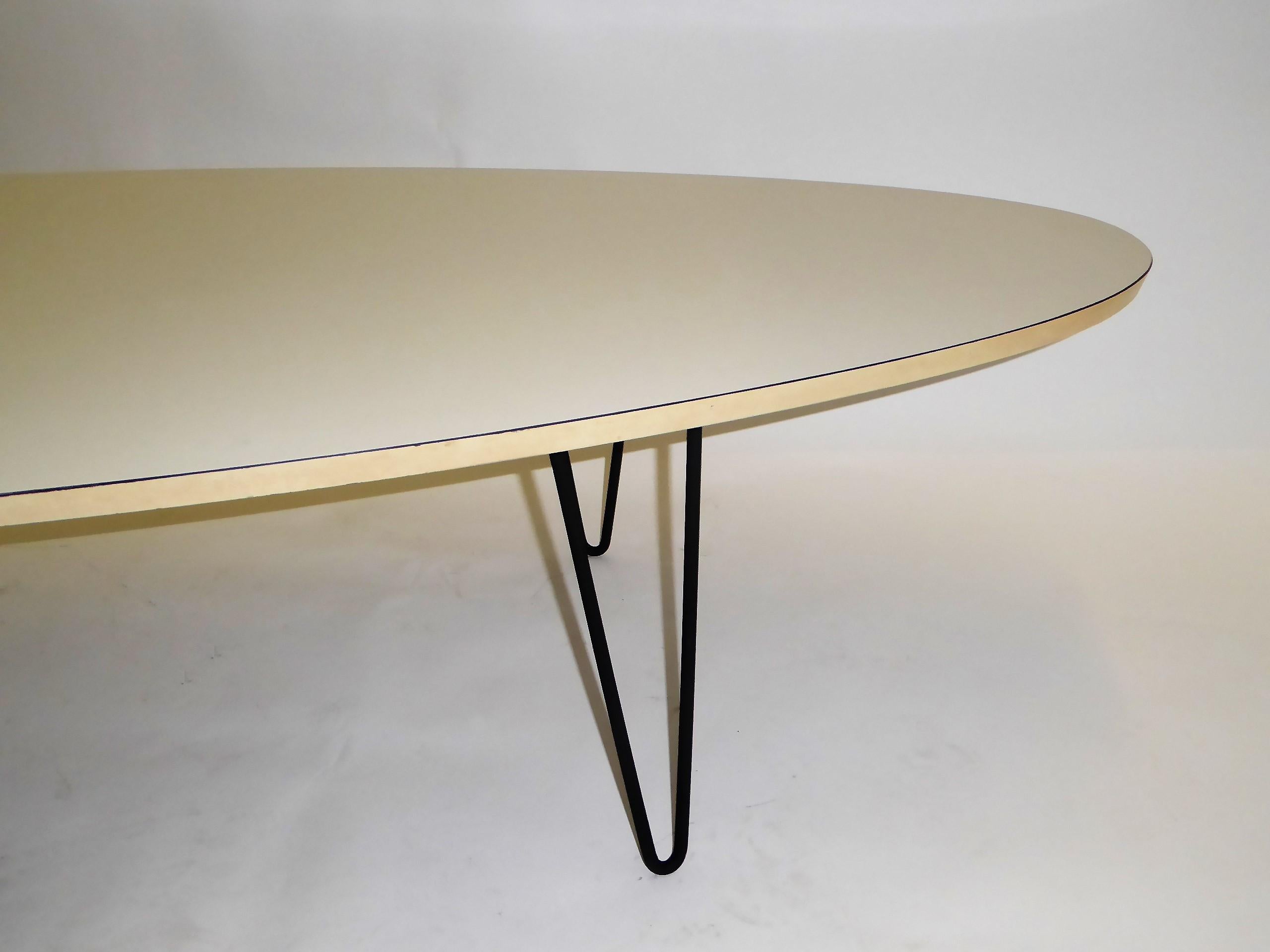 20th Century 1950s Surfboard Coffee Table on Hairpin Legs Eames Style