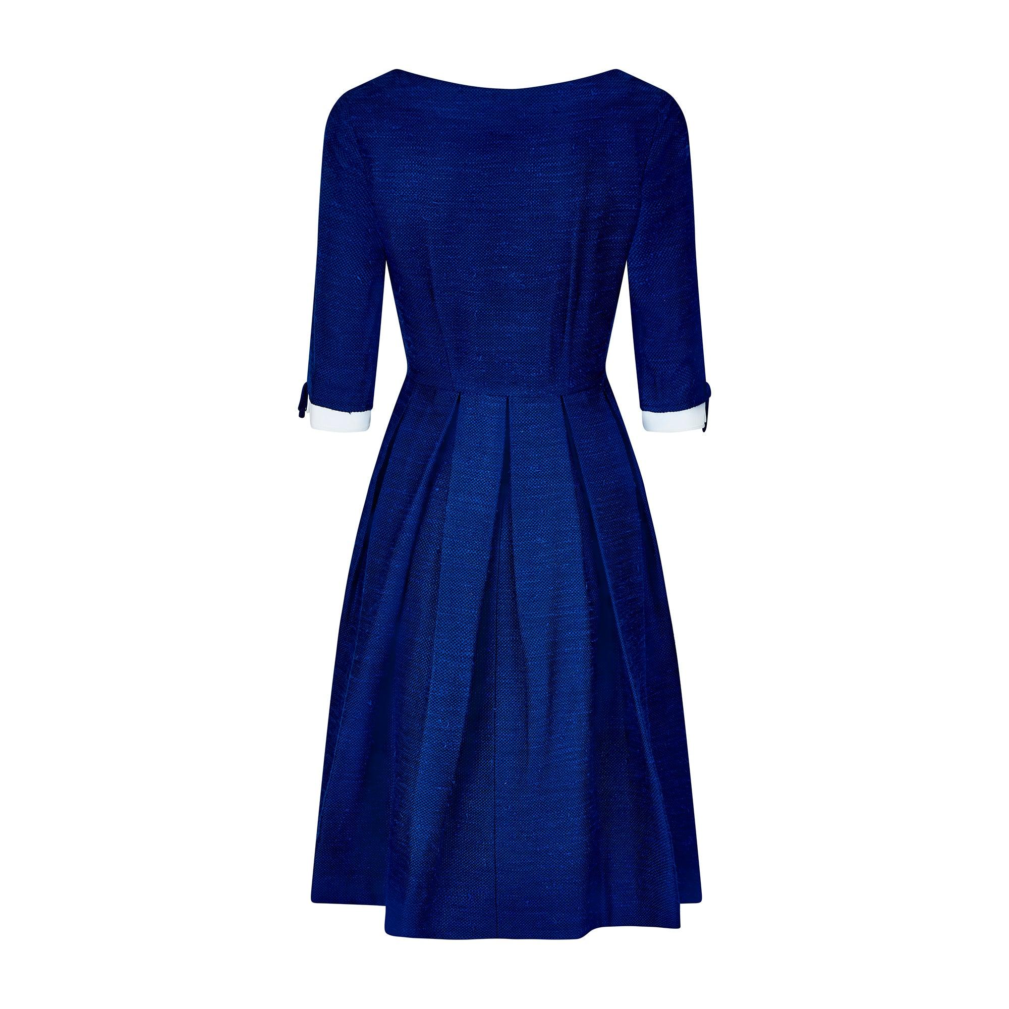 Bleu 1950s Susan Small Textured French Blue Cotton Shirt Dress en vente