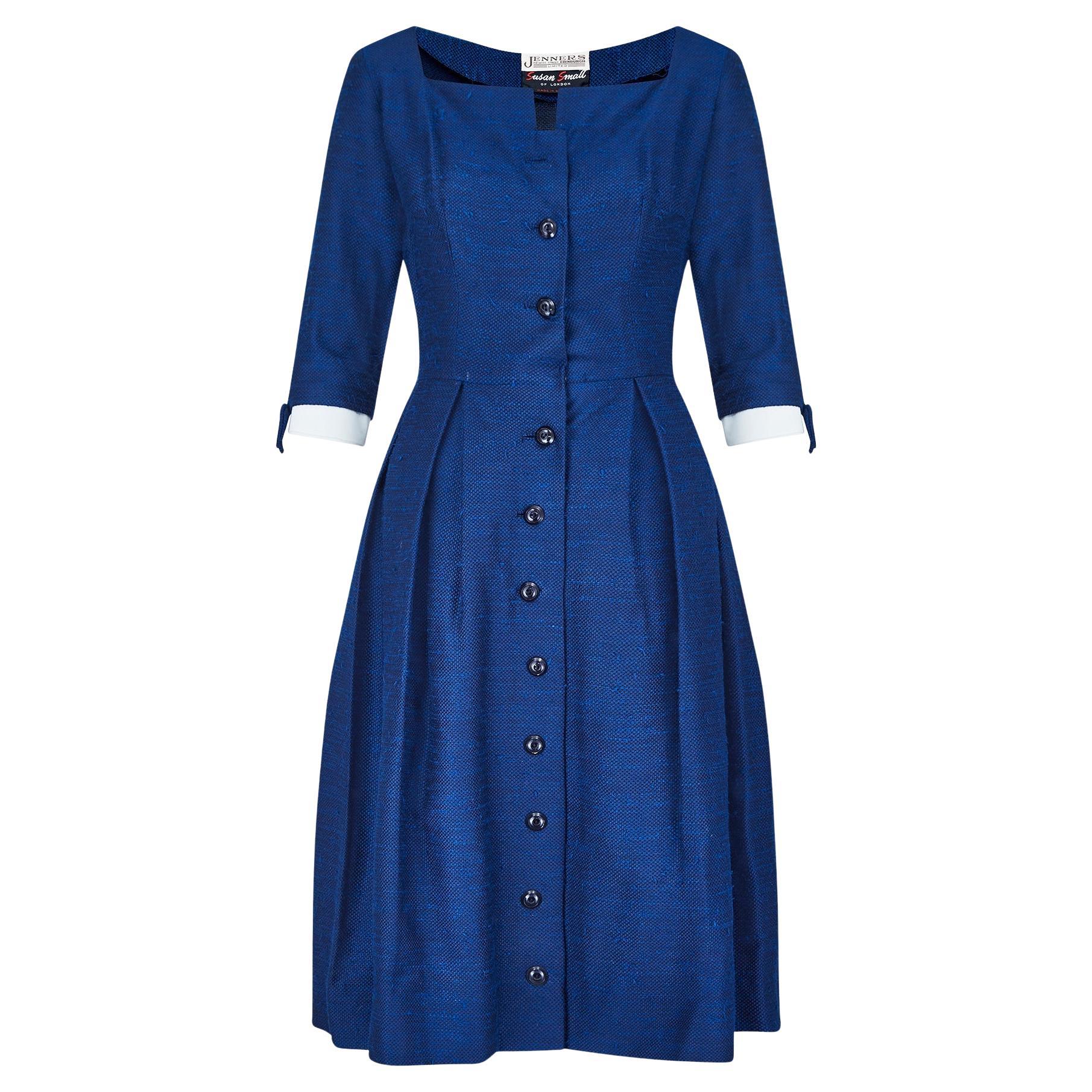 1950s Susan Small Textured French Blue Cotton Shirt Dress en vente