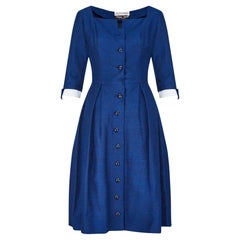 Vestido camisero de algodón azul francés con textura Susan Small de los años 50