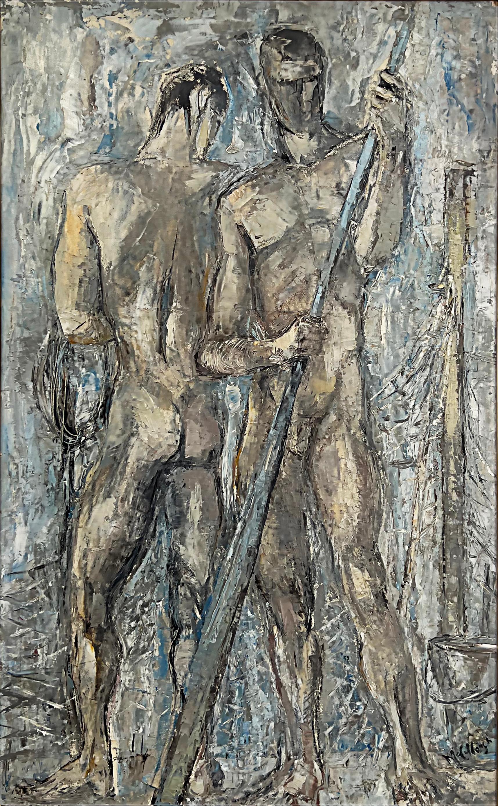 Offered for sale is a 1950s impressionist abstract painting of male nudes by the accomplished listed American artist Suzanne McCullough Plowden (1916-2018). The oil painting on board is titled the Fisherman and has a great composition with skillful