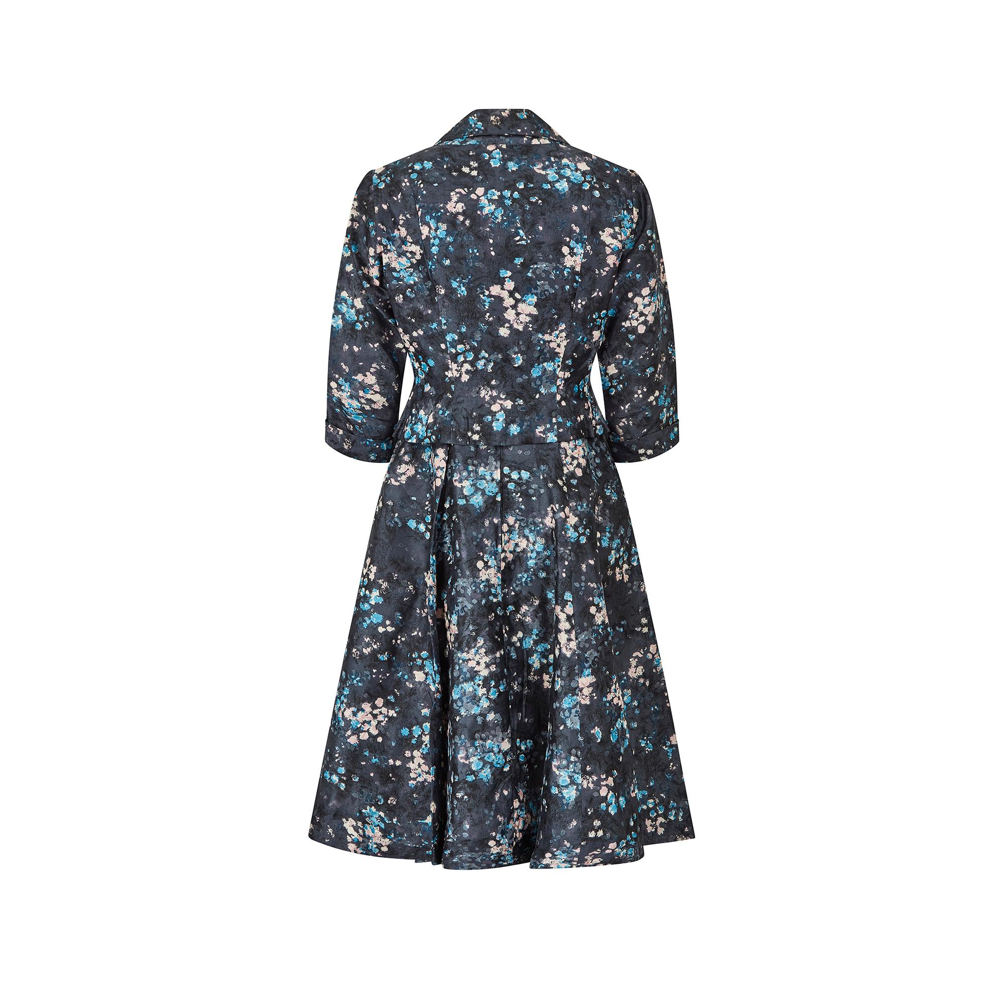 Black 1950s Suzanne Pardo Couture Blue Floral Dress and Jacket Suit For Sale