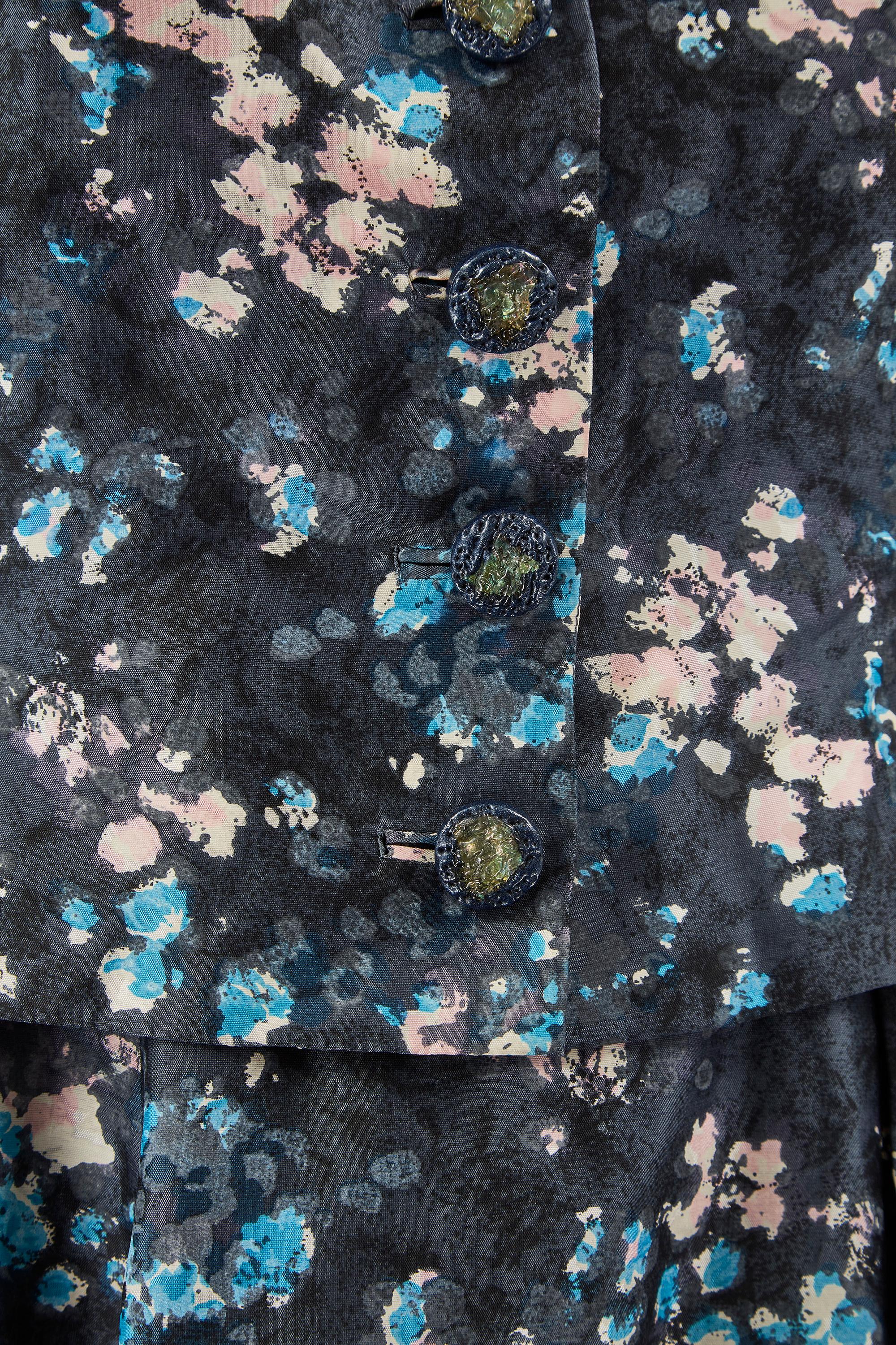 1950s Suzanne Pardo Couture Blue Floral Dress and Jacket Suit In Excellent Condition For Sale In London, GB