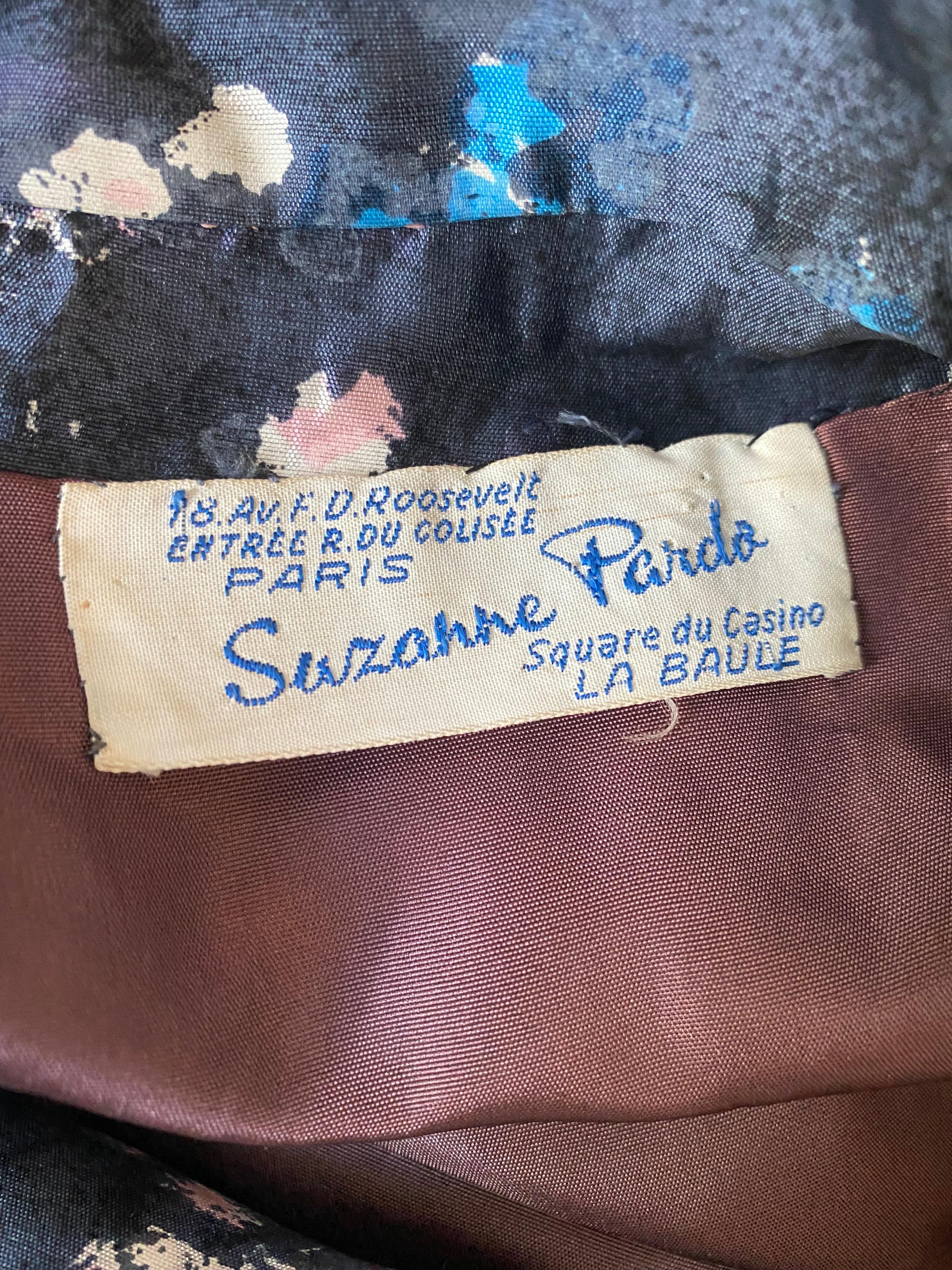 Suzanne Pardo Couture - Costume robe et veste à fleurs bleues, années 1950 en vente 1