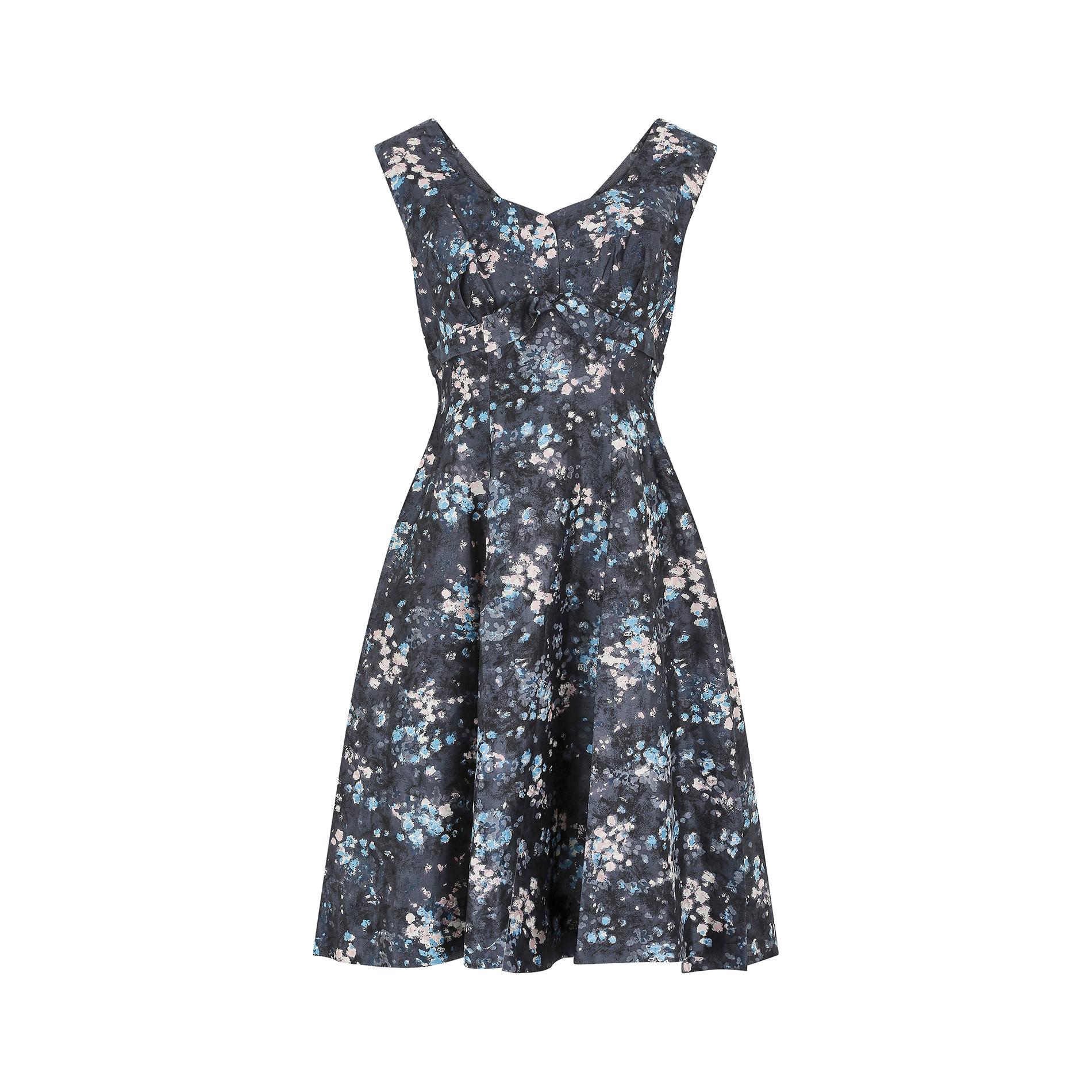 1950s Suzanne Pardo Couture Blue Floral Dress and Jacket Suit For Sale 1
