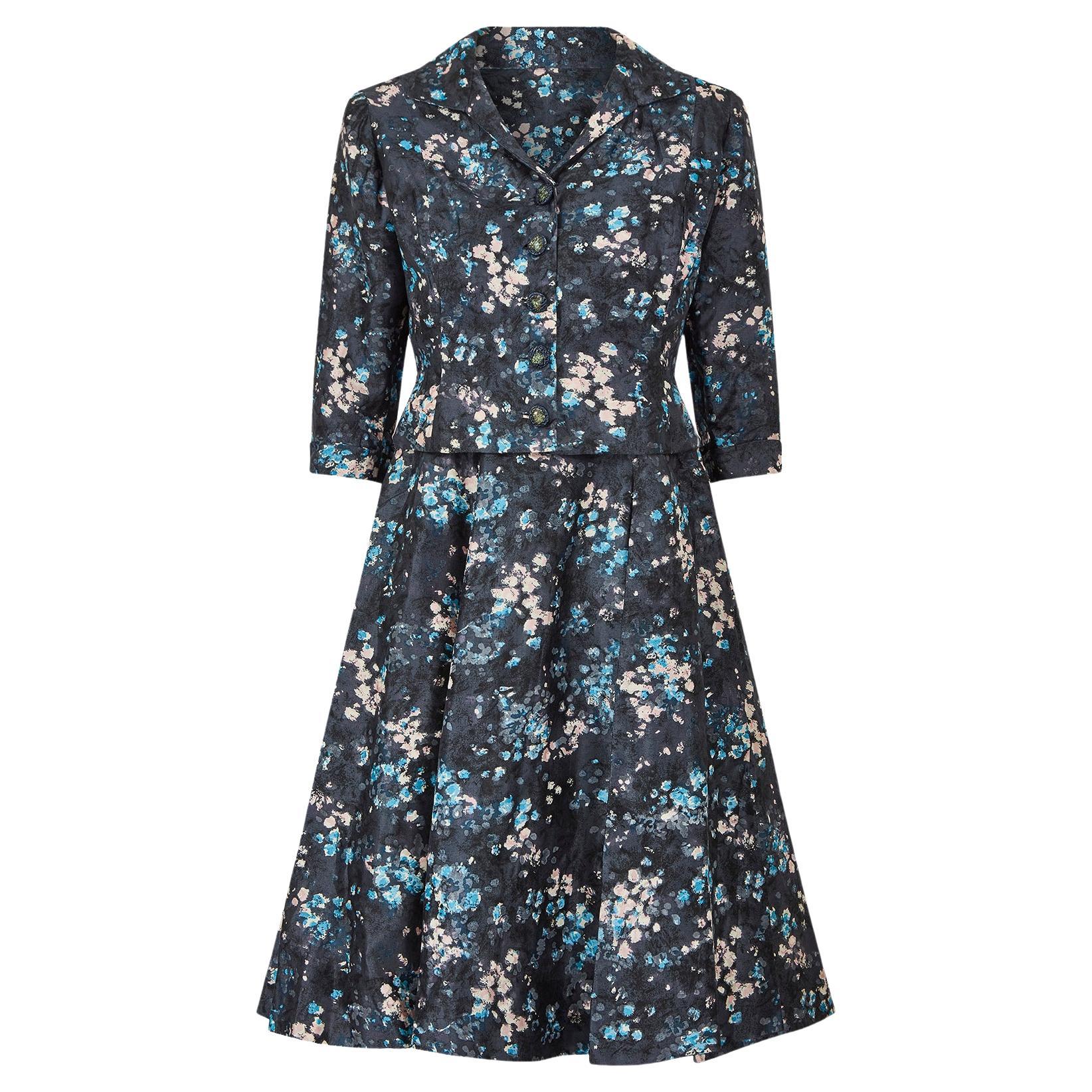 1950s Suzanne Pardo Couture Blue Floral Dress and Jacket Suit For Sale