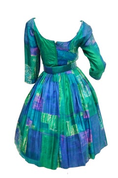 1950s Suzy Perette Blue and Green Geometric Watercolor New Look Cocktail Dress