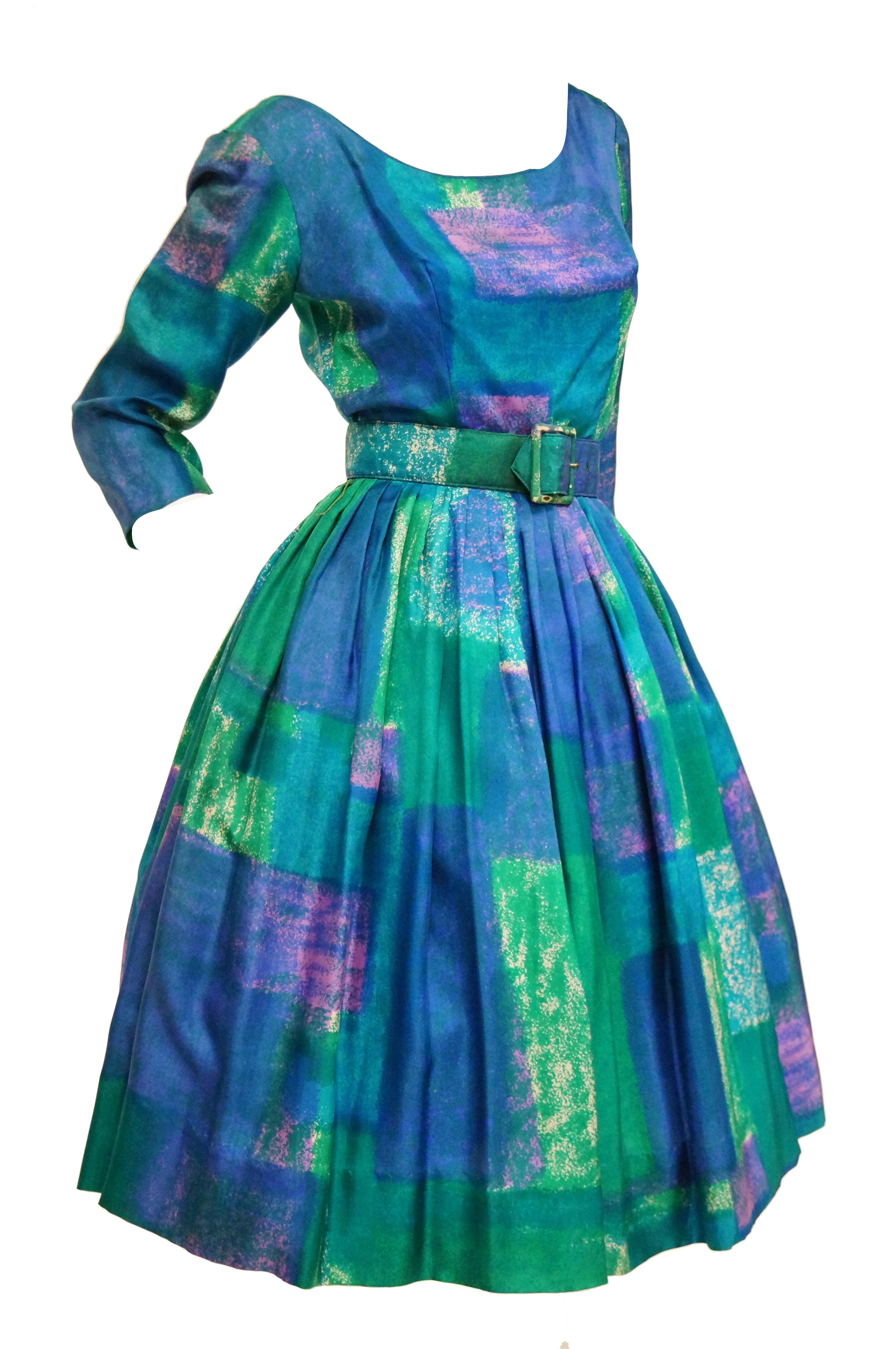 Women's 1950s Suzy Perette Blue and Green Geometric Watercolor New Look Cocktail Dress For Sale