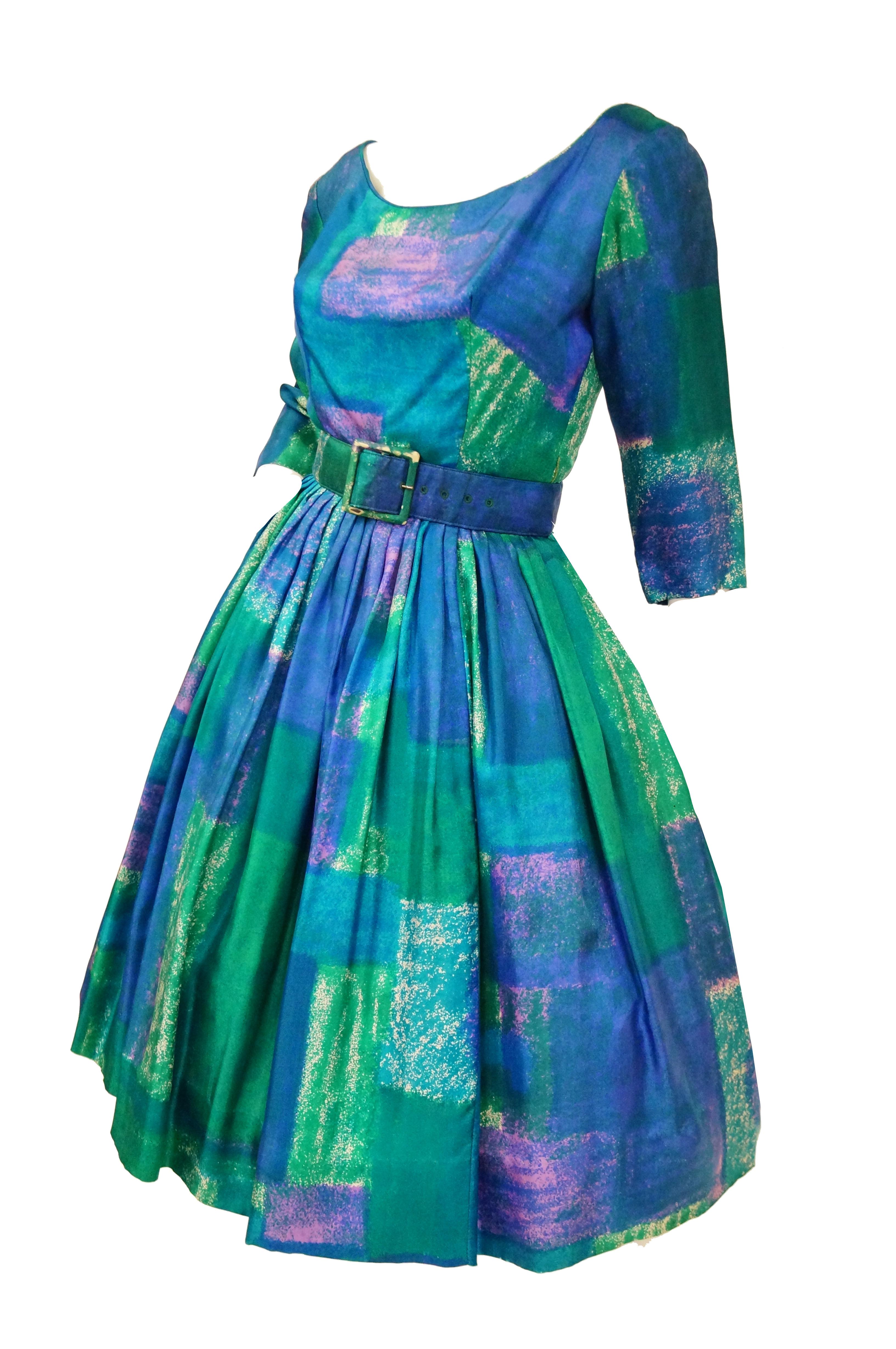 1950s Suzy Perette Blue and Green Geometric Watercolor New Look Cocktail Dress For Sale 1