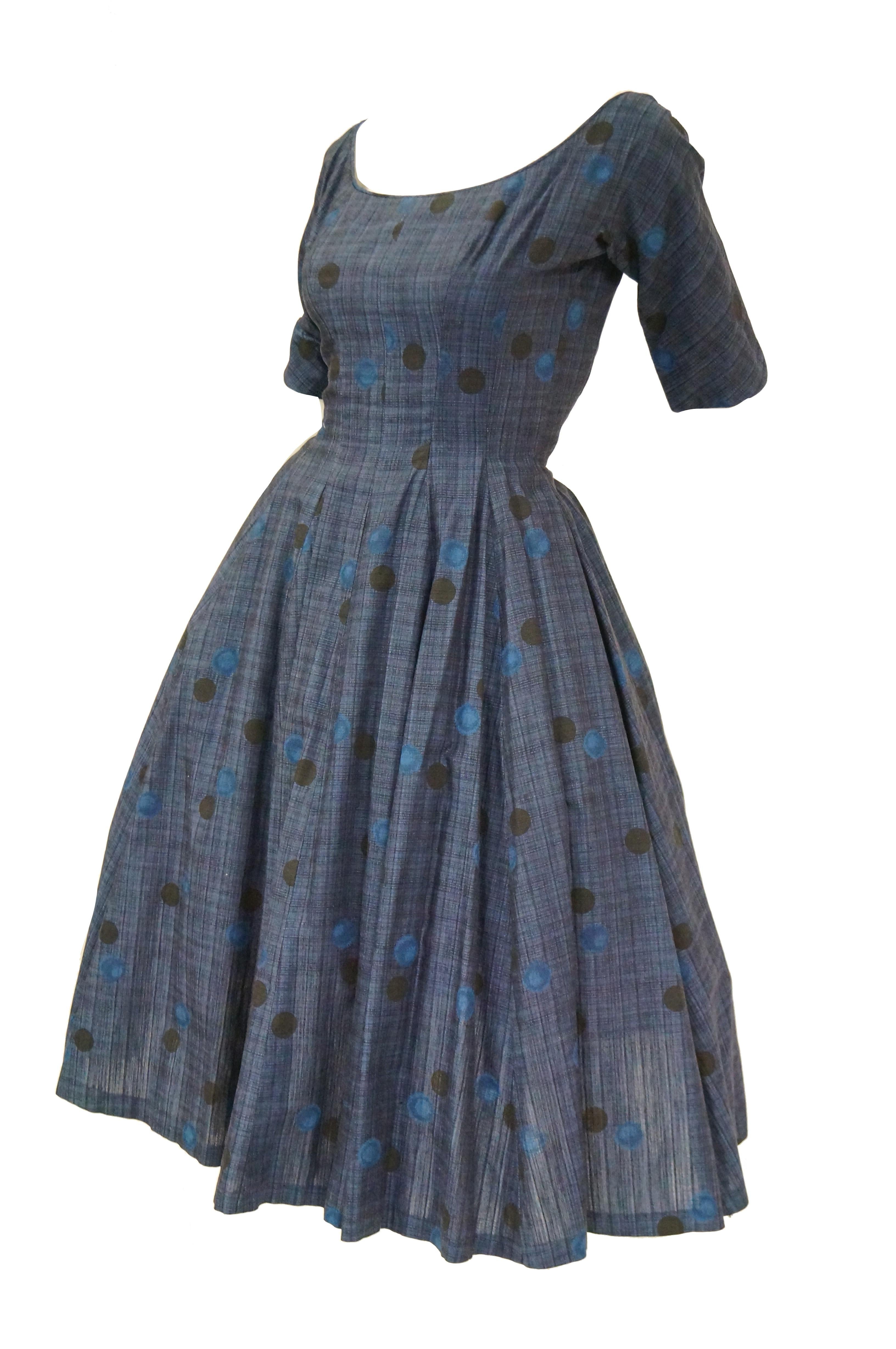 1950s Suzy Perette Blue Polkadot New Look Dress In Excellent Condition In Houston, TX