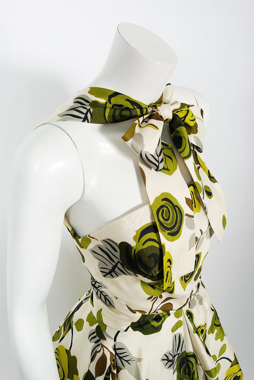 Beige 1950's Suzy Perette Chartreuse Roses Floral-Print Silk Backless Halter-Bow Dress
