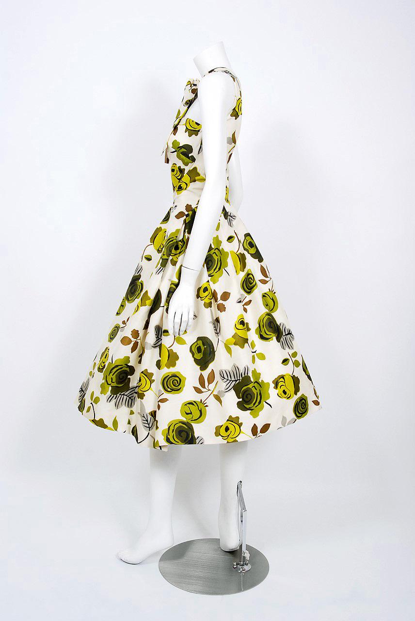 Women's 1950's Suzy Perette Chartreuse Roses Floral-Print Silk Backless Halter-Bow Dress