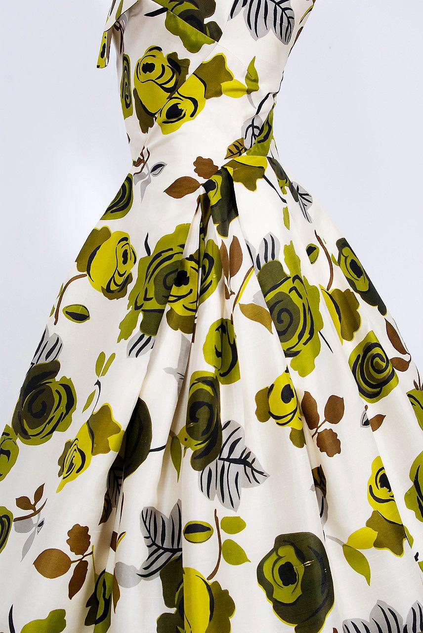1950's Suzy Perette Chartreuse Roses Floral-Print Silk Backless Halter-Bow Dress 1