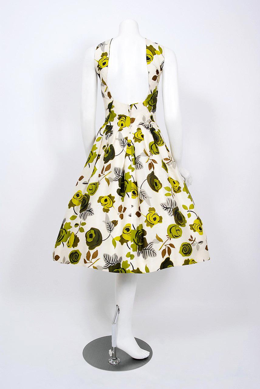 1950's Suzy Perette Chartreuse Roses Floral-Print Silk Backless Halter-Bow Dress 2
