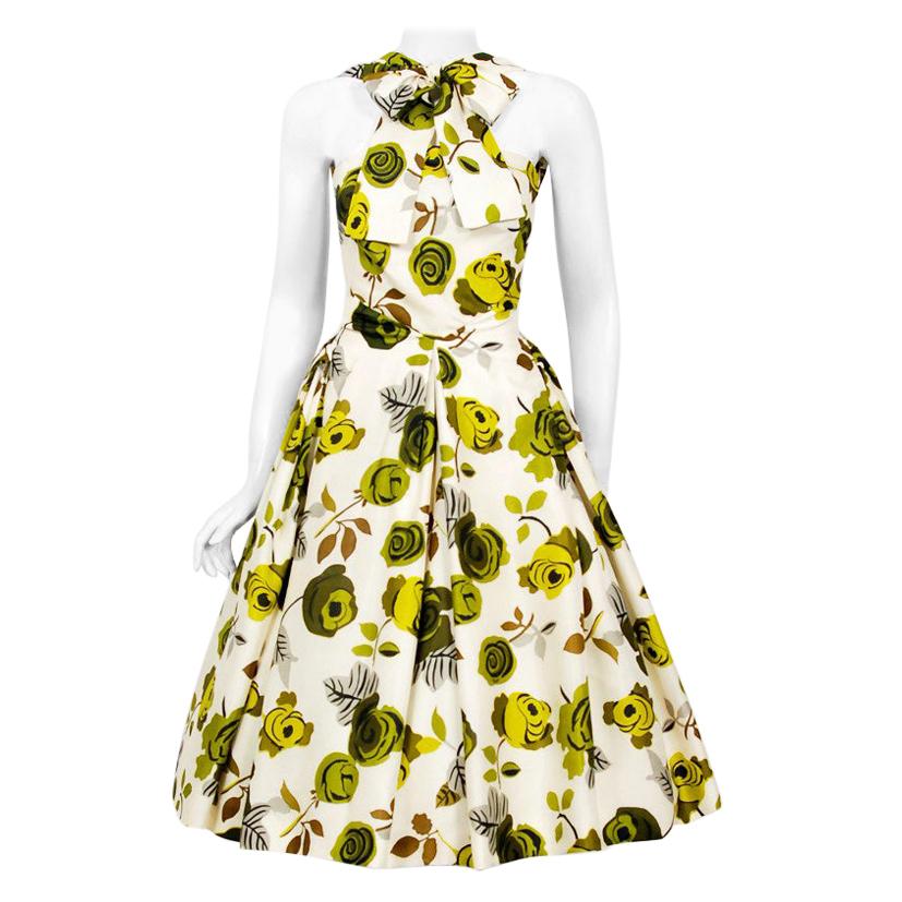 1950's Suzy Perette Chartreuse Roses Floral-Print Silk Backless Halter-Bow Dress