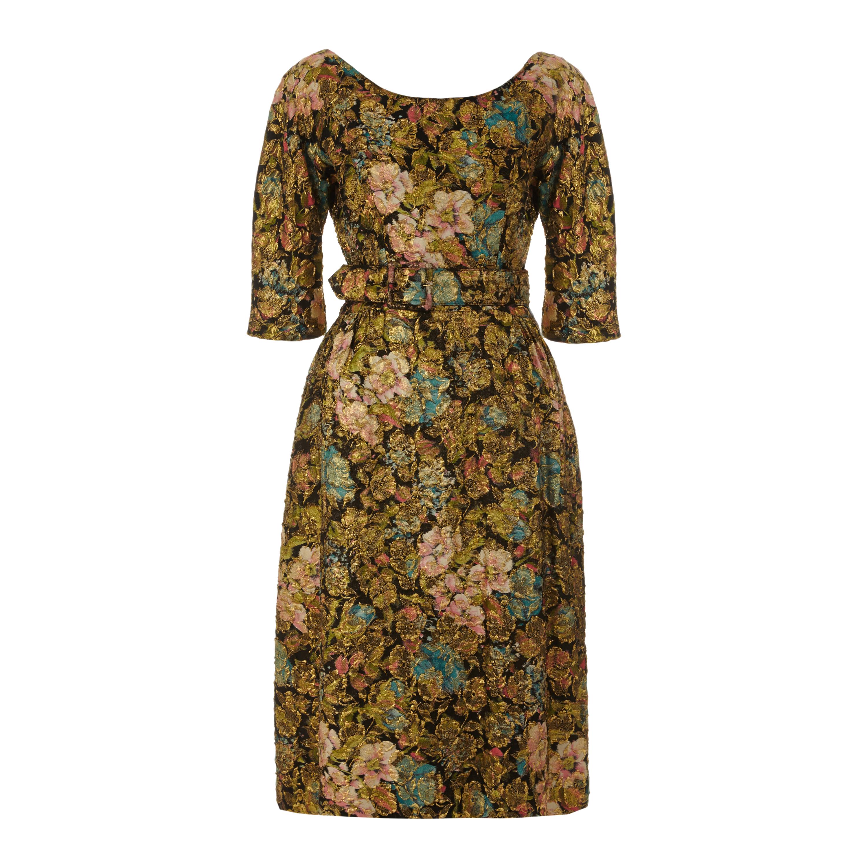 1950s Suzy Perette Floral Gold Lame Dress at 1stDibs