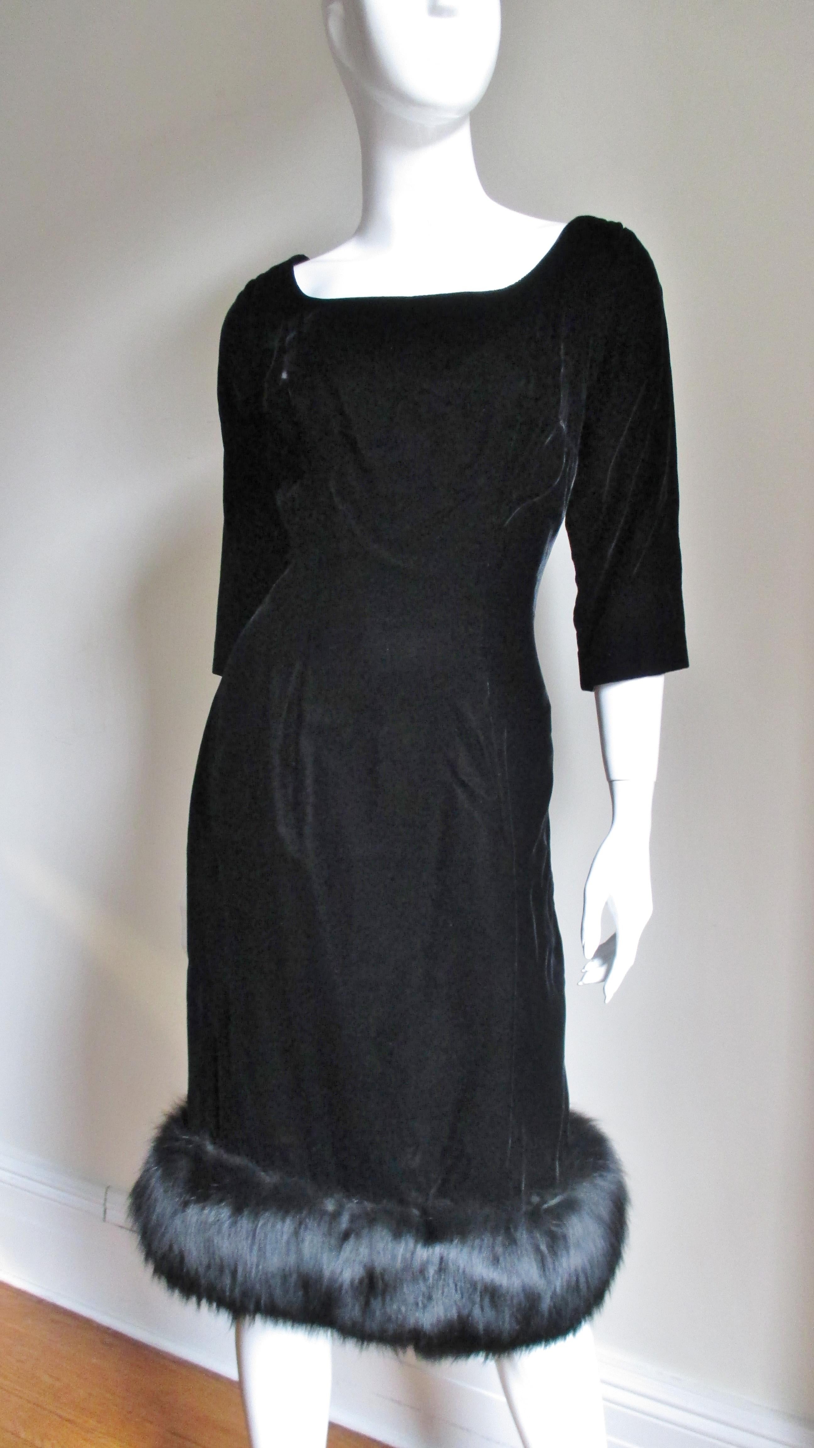 Black  Suzy Perette 1950s Silk Velvet Fox Fur Trim Dress 