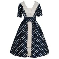 1950's Suzy Perette Navy Polka-Dot Print Silk Belted Full Skirt Dress w/Tags