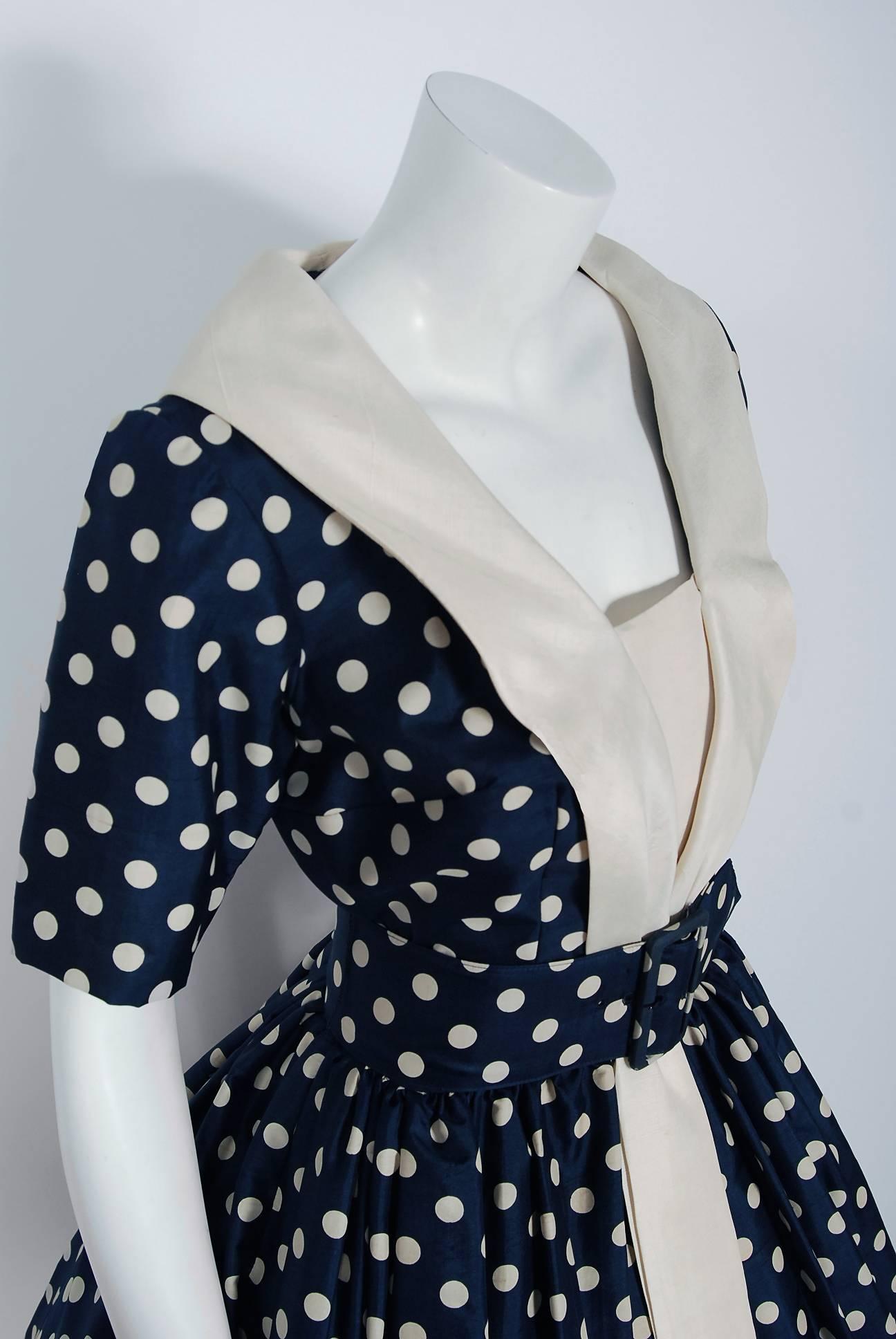 Black 1950's Suzy Perette Navy Polka-Dot Print Silk Belted Full Skirt Dress w/Tags