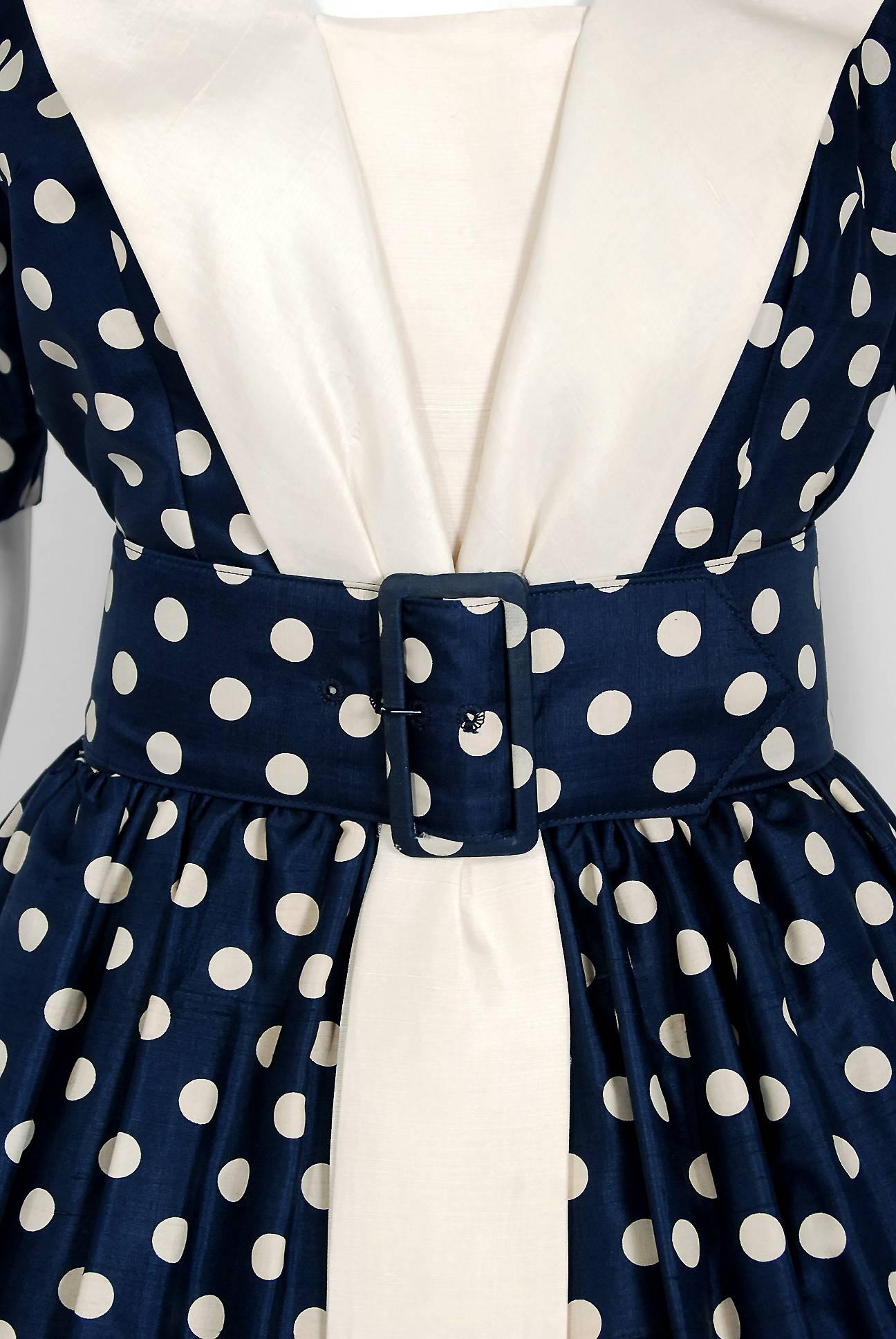 1950's Suzy Perette Navy Polka-Dot Print Silk Belted Full Skirt Dress w/Tags In New Condition In Beverly Hills, CA