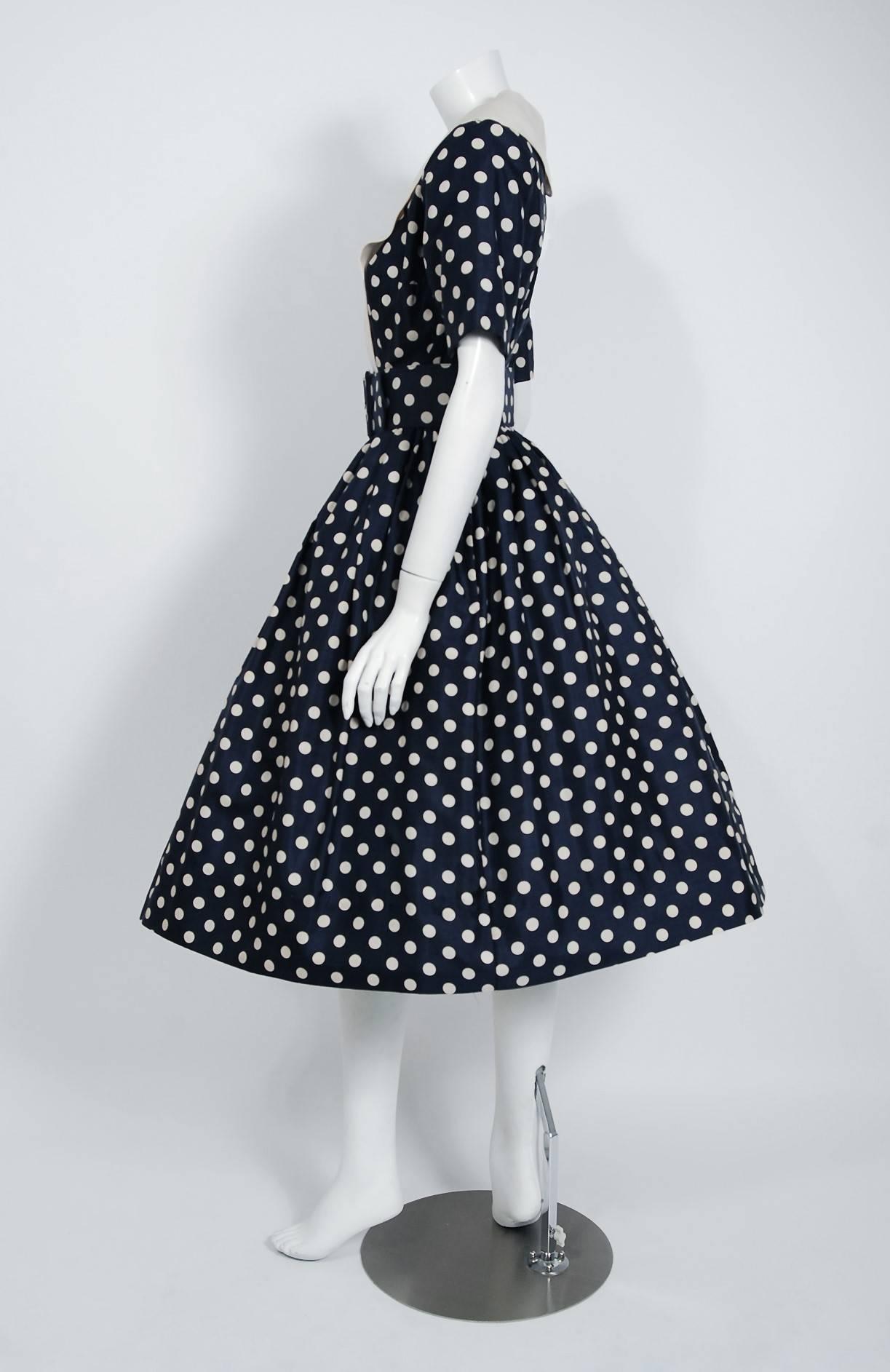 Women's 1950's Suzy Perette Navy Polka-Dot Print Silk Belted Full Skirt Dress w/Tags