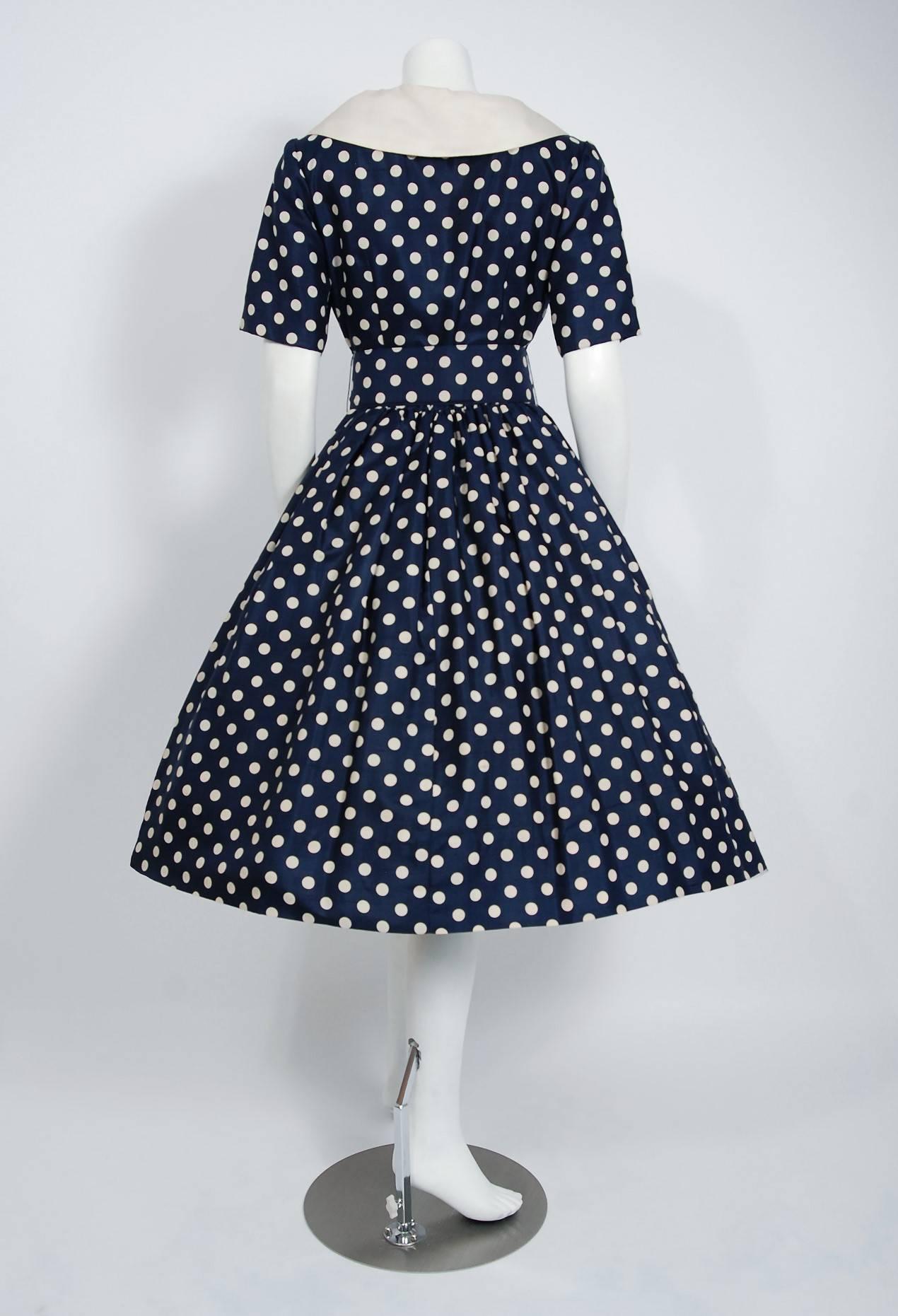 1950's Suzy Perette Navy Polka-Dot Print Silk Belted Full Skirt Dress w/Tags 1