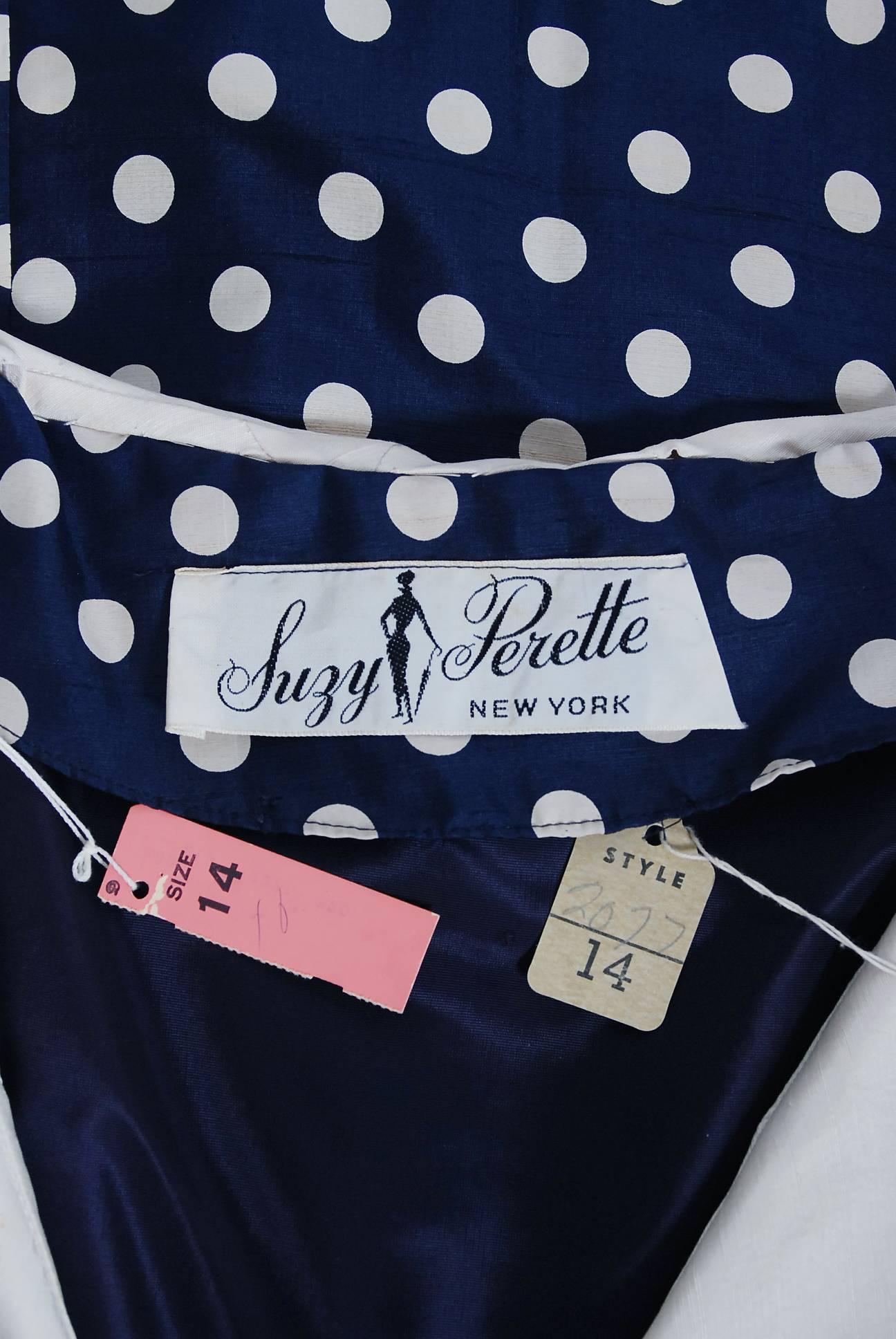 1950's Suzy Perette Navy Polka-Dot Print Silk Belted Full Skirt Dress w/Tags 2