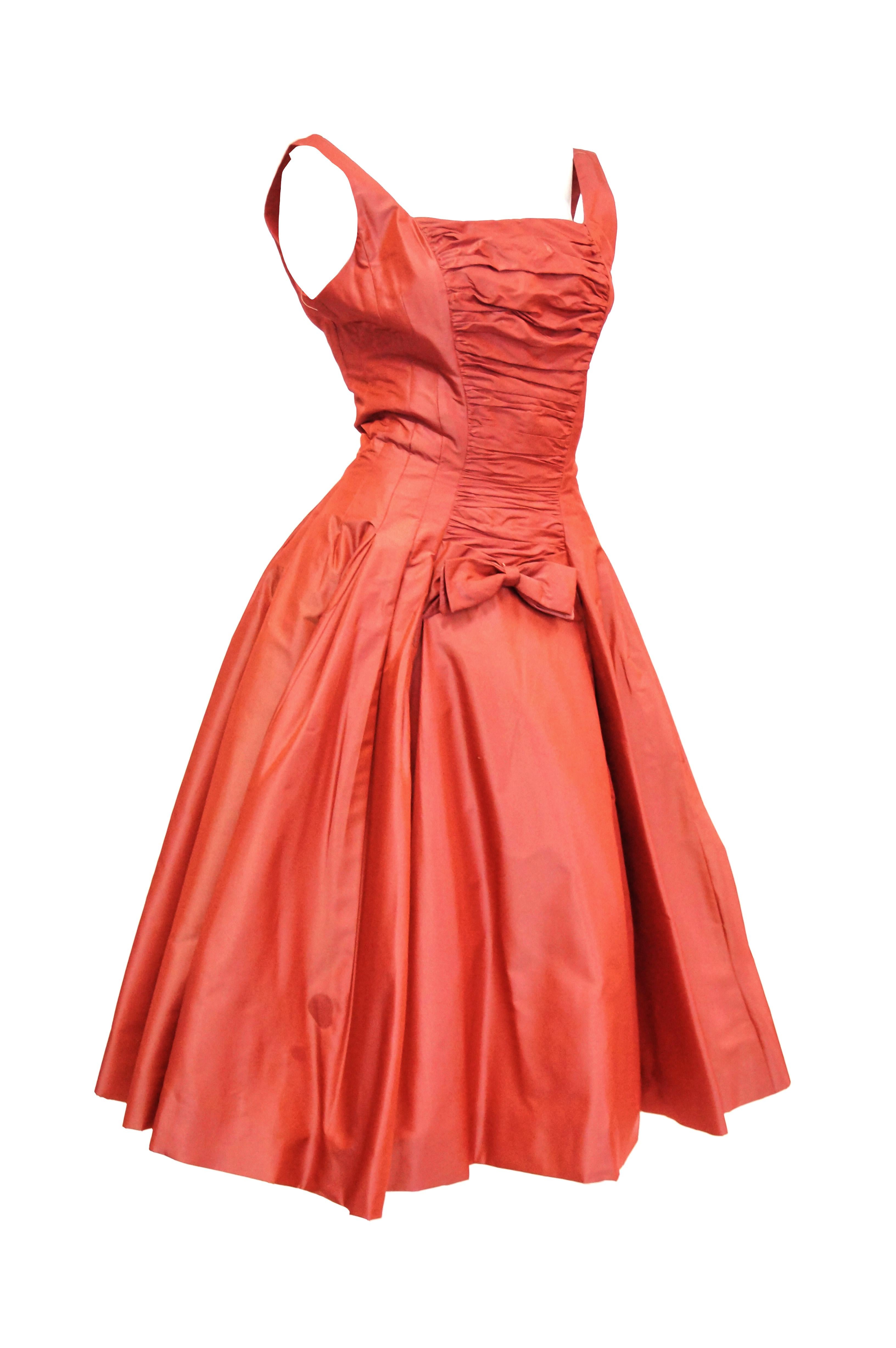 1950s Suzy Perette Red Charmeuse Satin New Look Evening Dress with Bow Detail 1